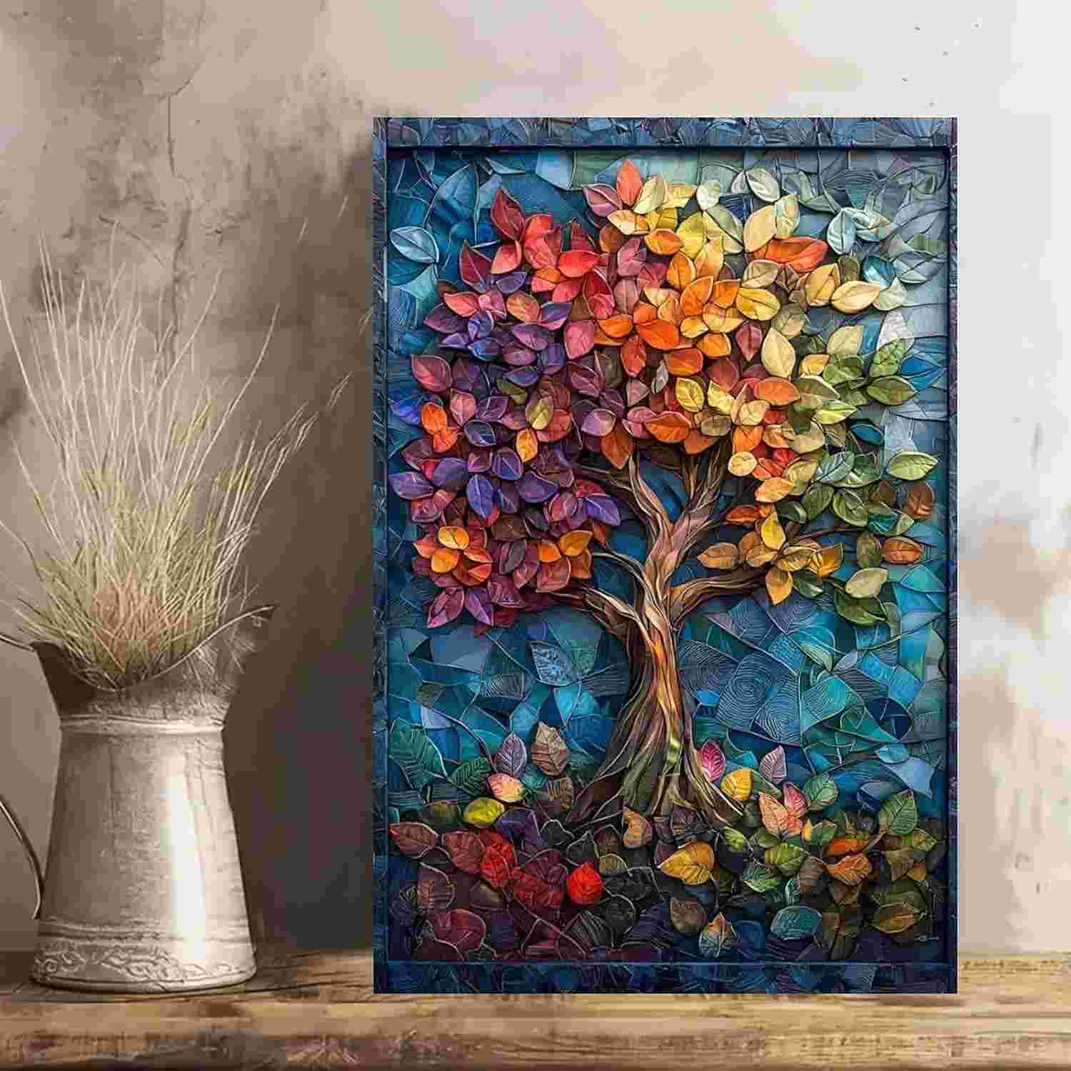 Arte de Parede Vintage com Folhas de Outono - Tela 30x45cm para Decoração Rústica