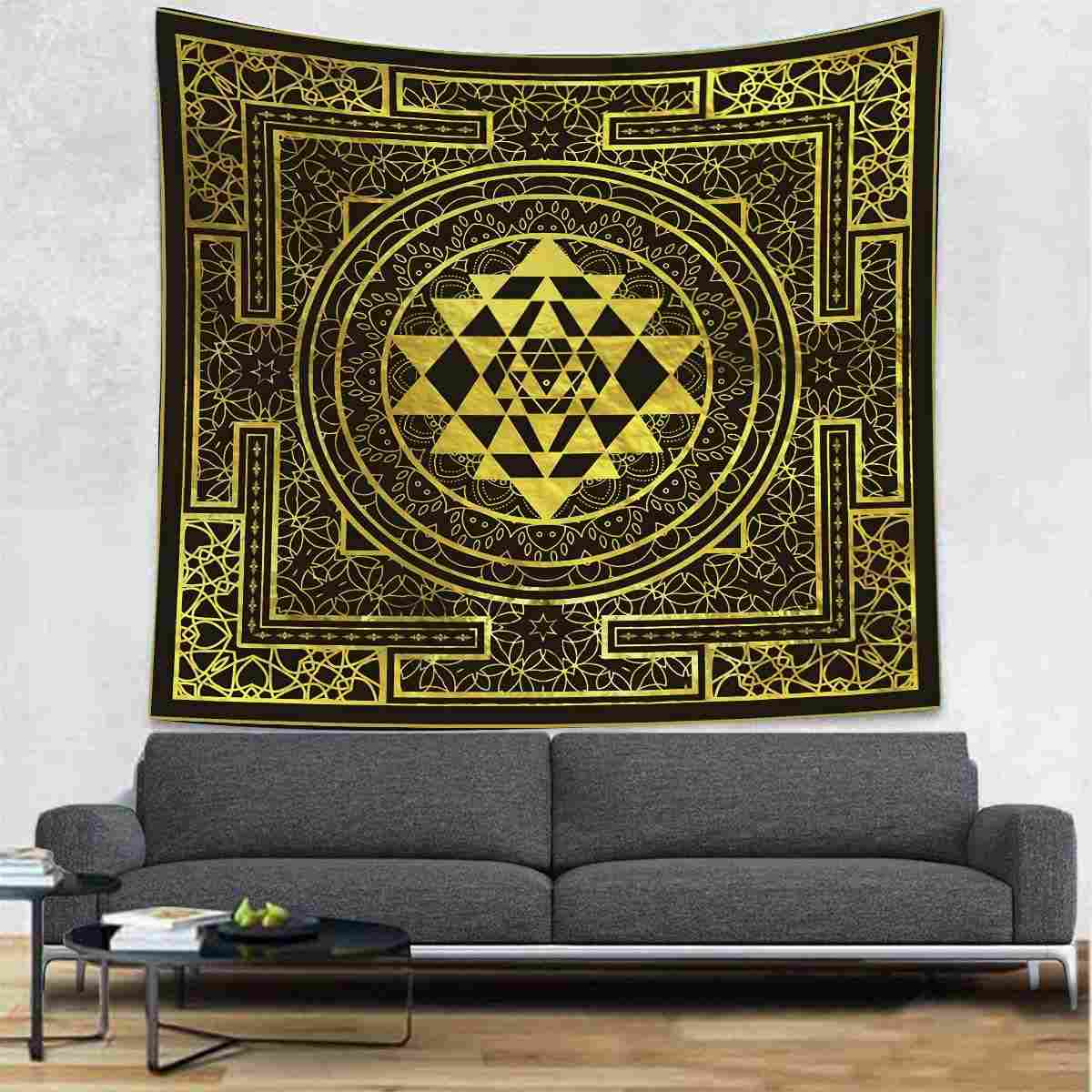 Tapeçaria Dourada Sri Yantra 152x152cm | Mandala Geometria Sagrada para Decoração Espiritual