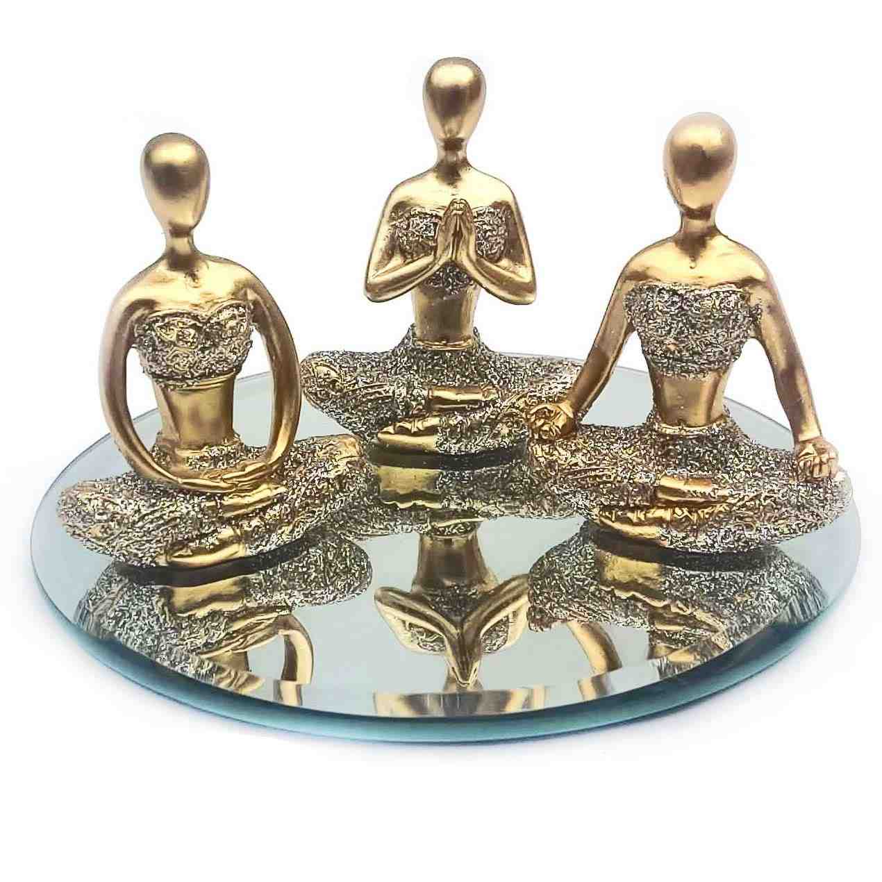 Trio Decorativo Yoga com Espelho e Base - Resina e Vidro para Meditação e Decoração Zen
