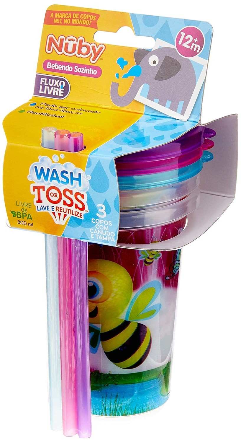 Nuby Kit com 3 Copos Decorados 300ml para Meninas | Livre de BPA, com Canudo e Design Infantil