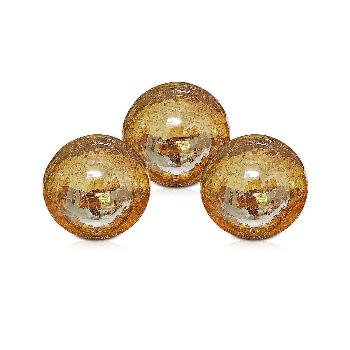 Trio Bola Esfera Pequena Decorativa em Vidro Craquelado Dourado - Design Artesanal para Ambientes Elegantes
