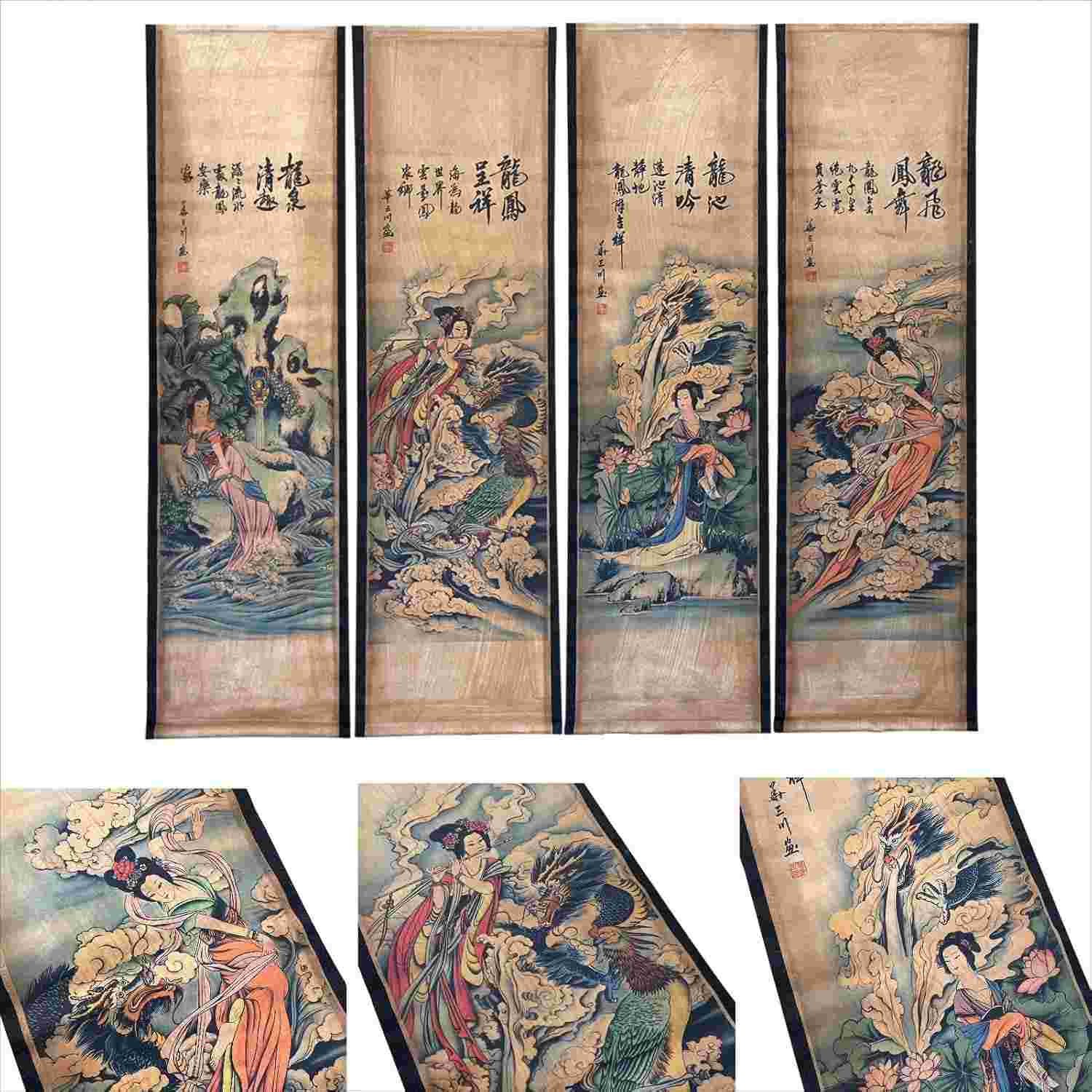 Pergaminhos de Madeira Dragão Gueixa - Arte Japonesa Decorativa para Parede (4 Peças)