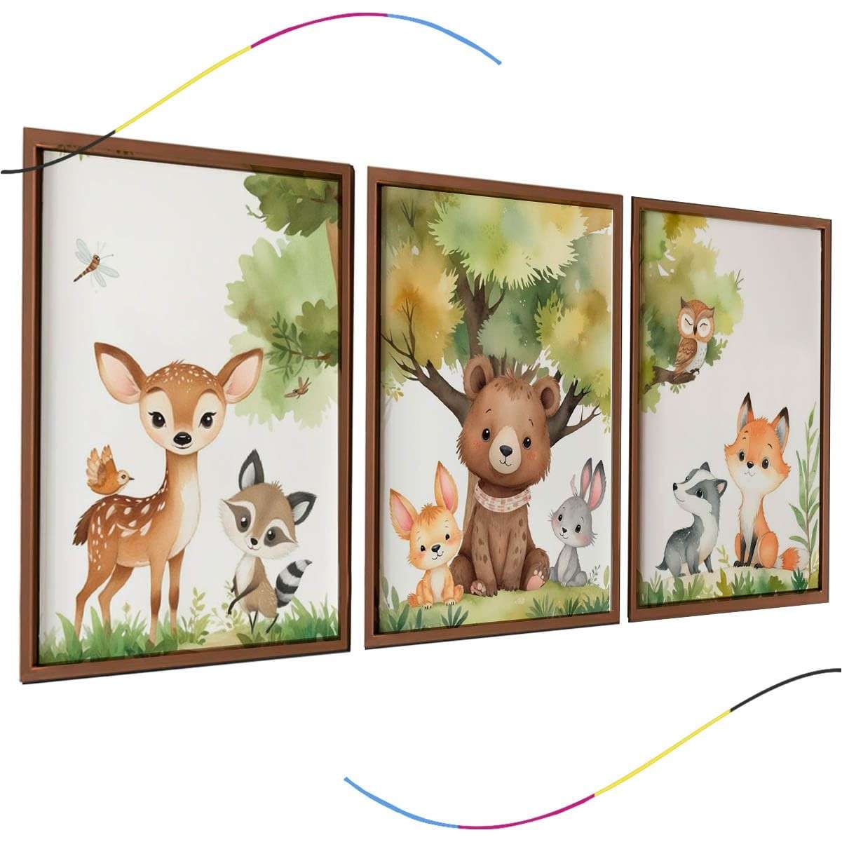 Quadro Decorativo Infantil Animais da Floresta | 3 Peças em Aquarela com Moldura Marrom