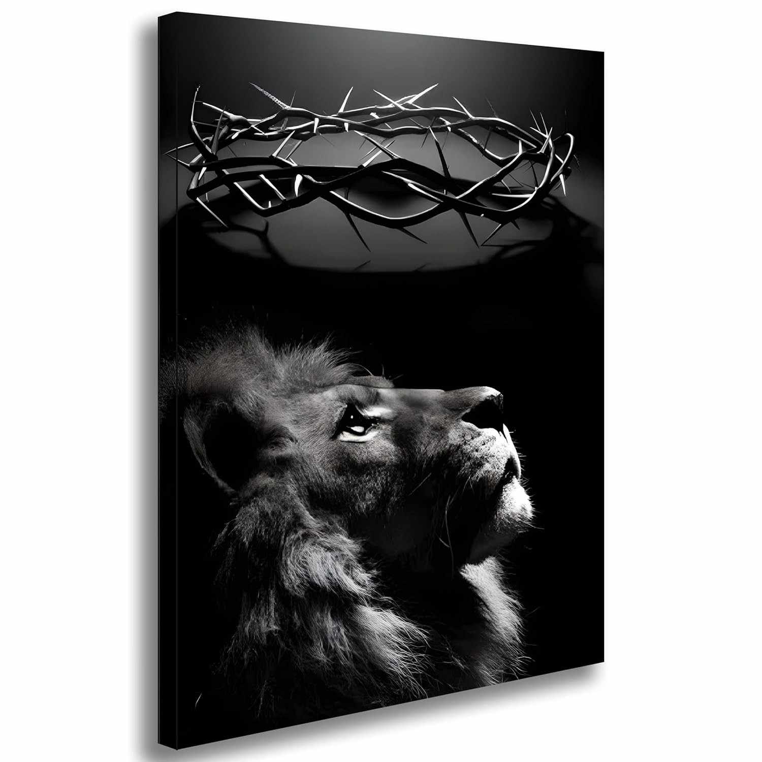 Quadro Decorativo Leão de Judá 85x60cm - Tela Canva com Armação de Madeira Preta e Branca - Arte Cristã para Sala e Escritório