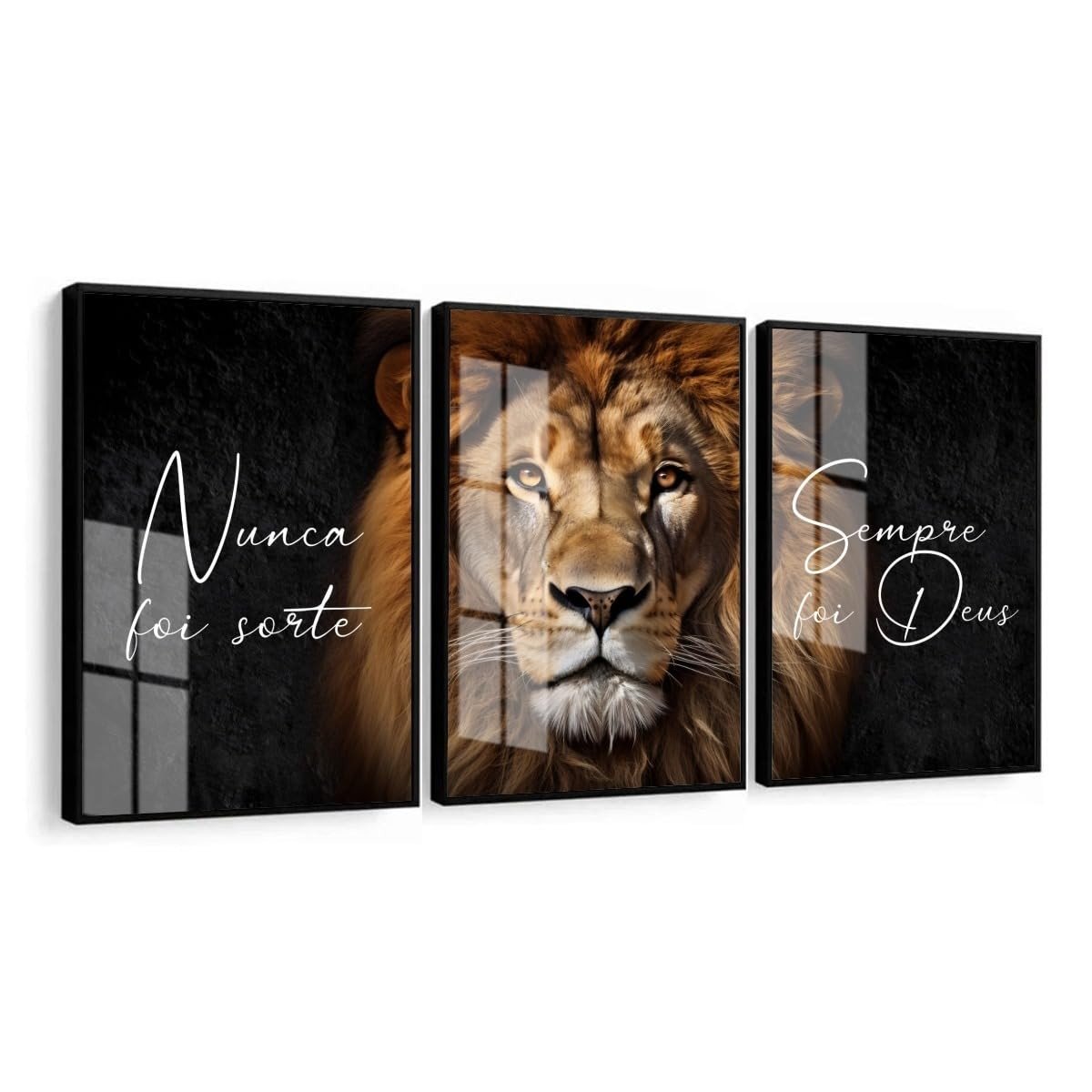 Quadro Decorativo Leão de Judá - Religioso com Frase Inspiradora, Moldura Preta e Vidro