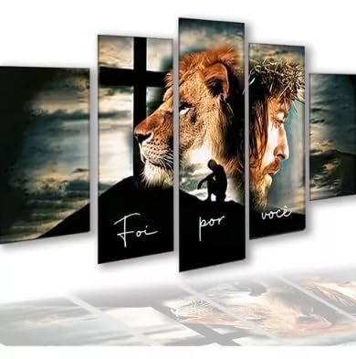 Kit Quadro Decorativo 5 Peças 95x60cm Leão Jesus Foi Por Você - Design Moderno e Espiritualidade
