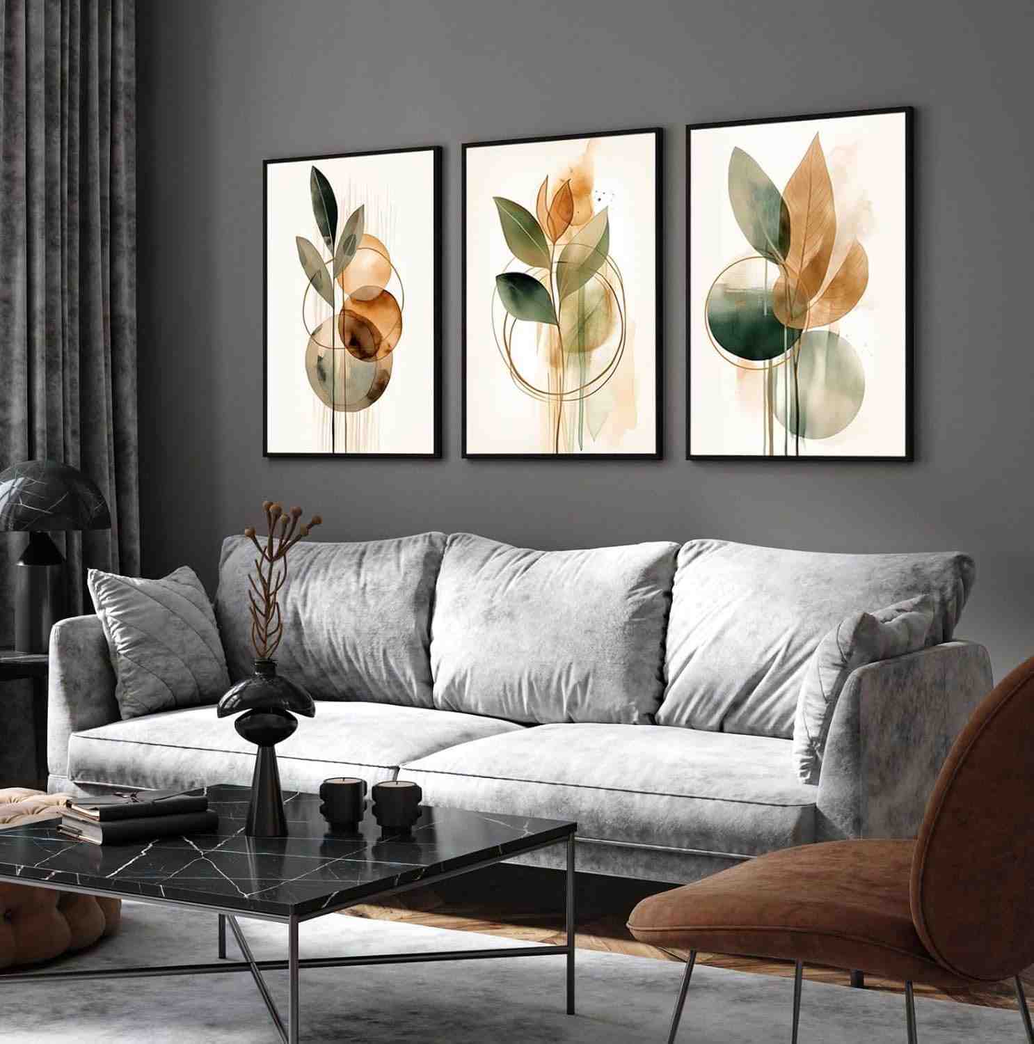 Quadro Decorativo Folhagem Bege - Estilo Boho Luxo para Sala e Quarto | Moldura Preta 40x60cm