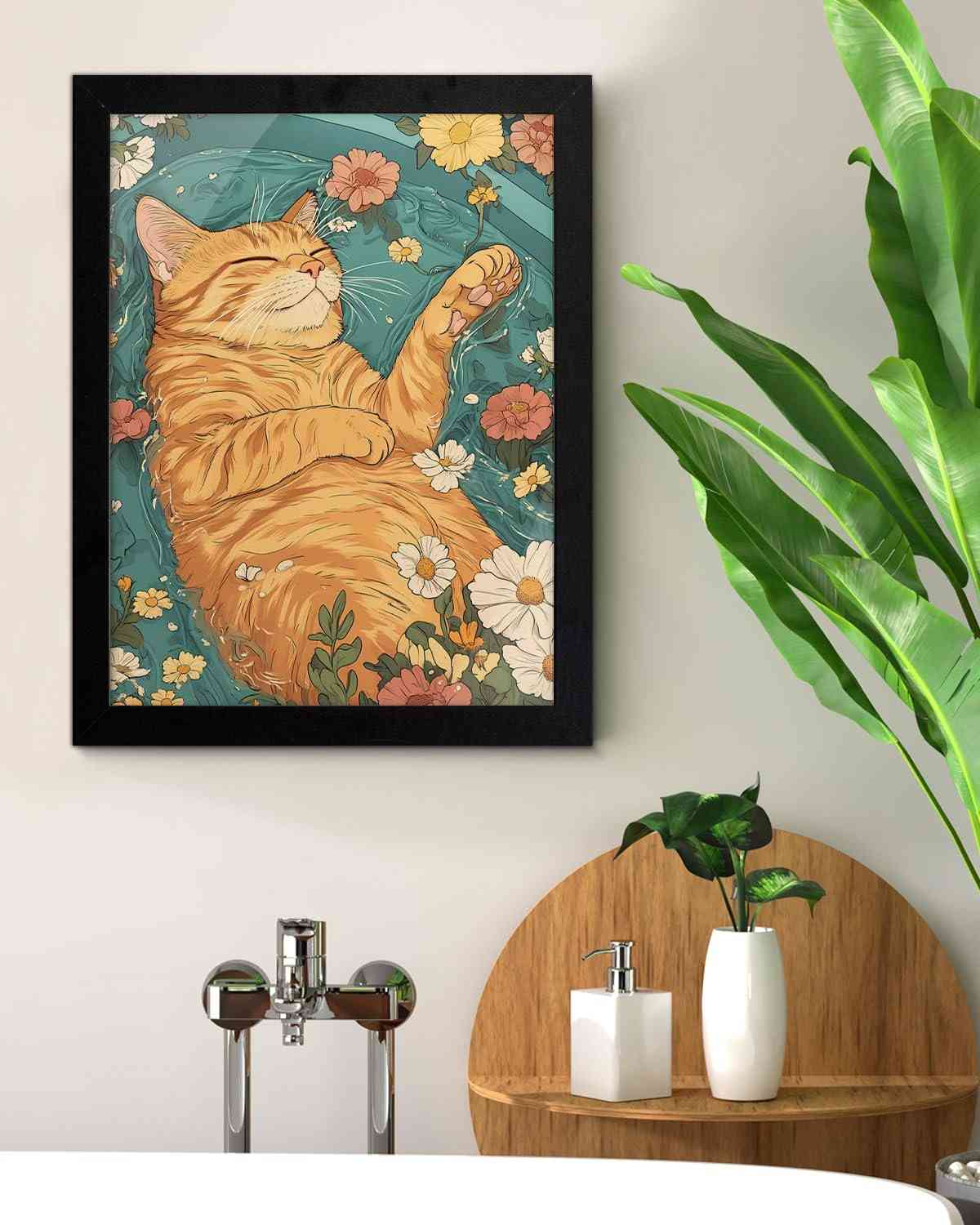 Quadro Decorativo de Gato com Estampa Floral Laranja - 15x20cm | Decoração de Parede Estética para Banheiro e Cômodos