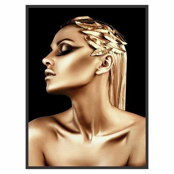 Quadro Decorativo com Moldura de Madeira 90x60cm - Mulher Corpo Dourado | Design Sofisticado para Sala e Quarto