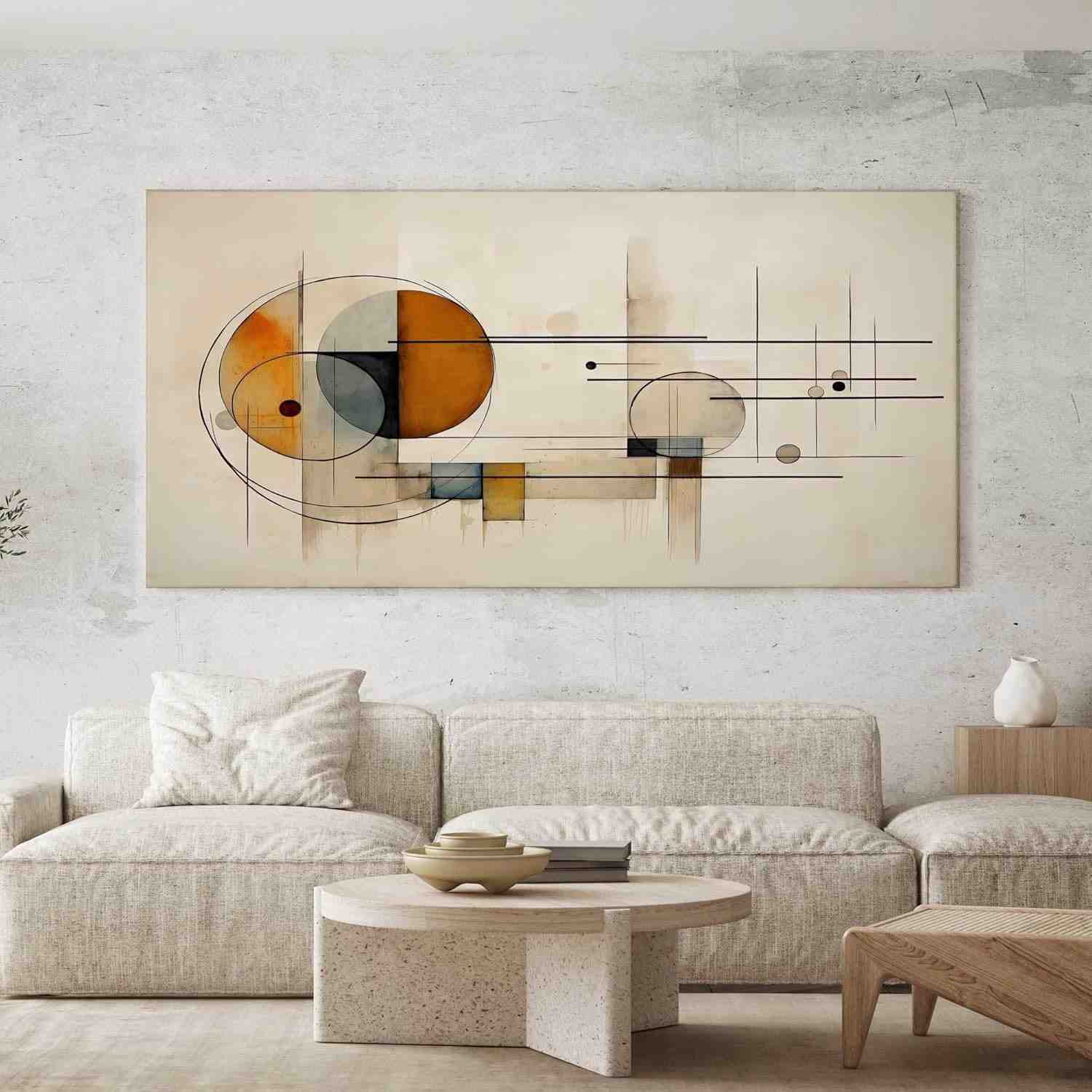 Quadro Decorativo Abstrato Bege 100x50cm - Formas Geométricas Modernas para Sala e Quarto