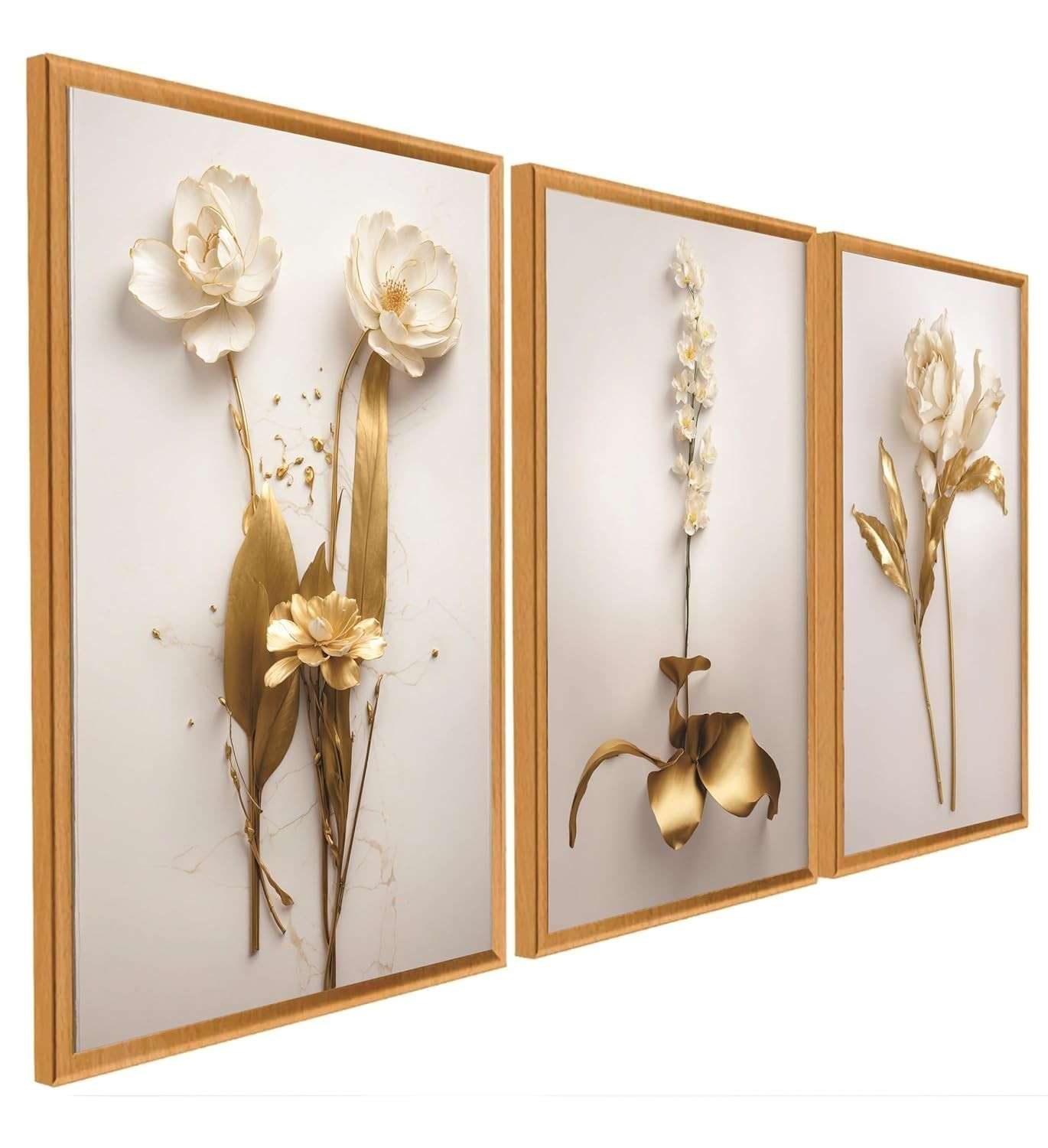 Quadro Decorativo 3 Peças Dourado Floral Branco - Design Premium para Sala e Quarto