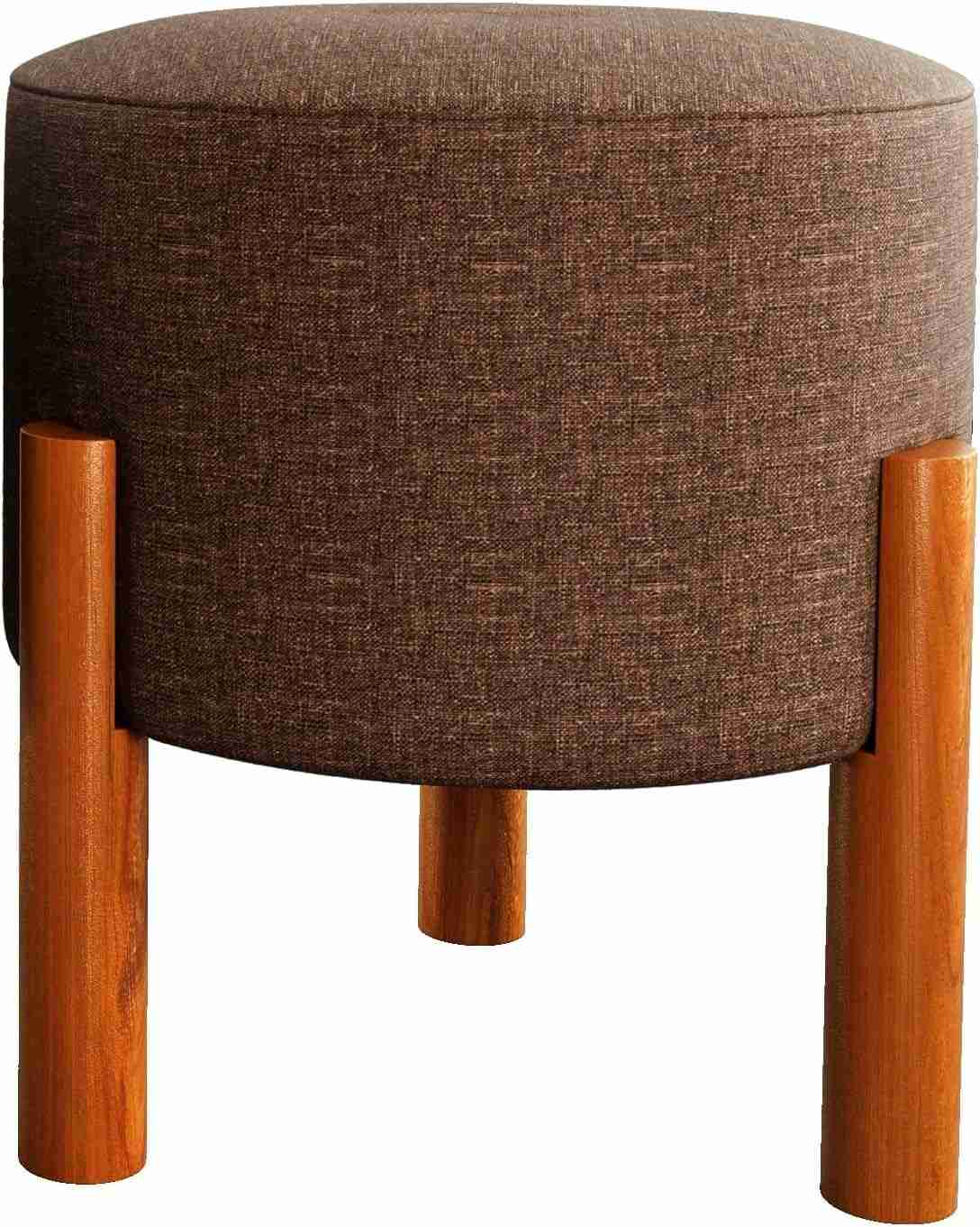 Puff Redondo Luxo Decorativo Charme com Pés de Madeira em Linho Marrom - Conforto e Estilo para Seu Ambiente