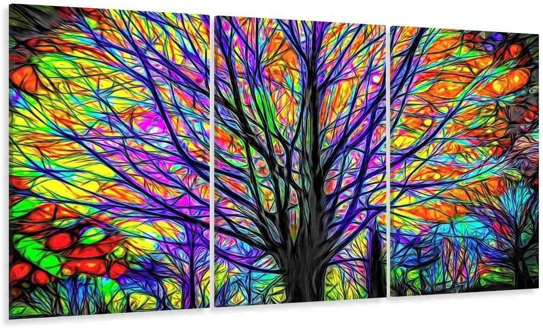 Quadro Decorativo Arvore Colorida 3 Peças 120x60cm - Design Moderno para Sala, Quarto e Escritório