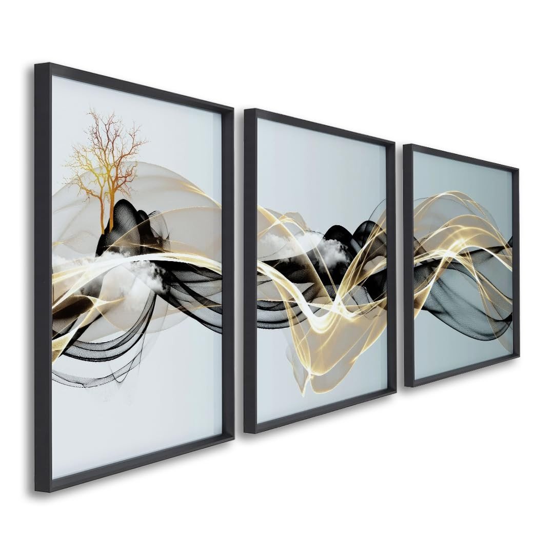 Quadro Decorativo Abstrato Linhas Curvas Moderno com Vidro - 60x90cm Preto