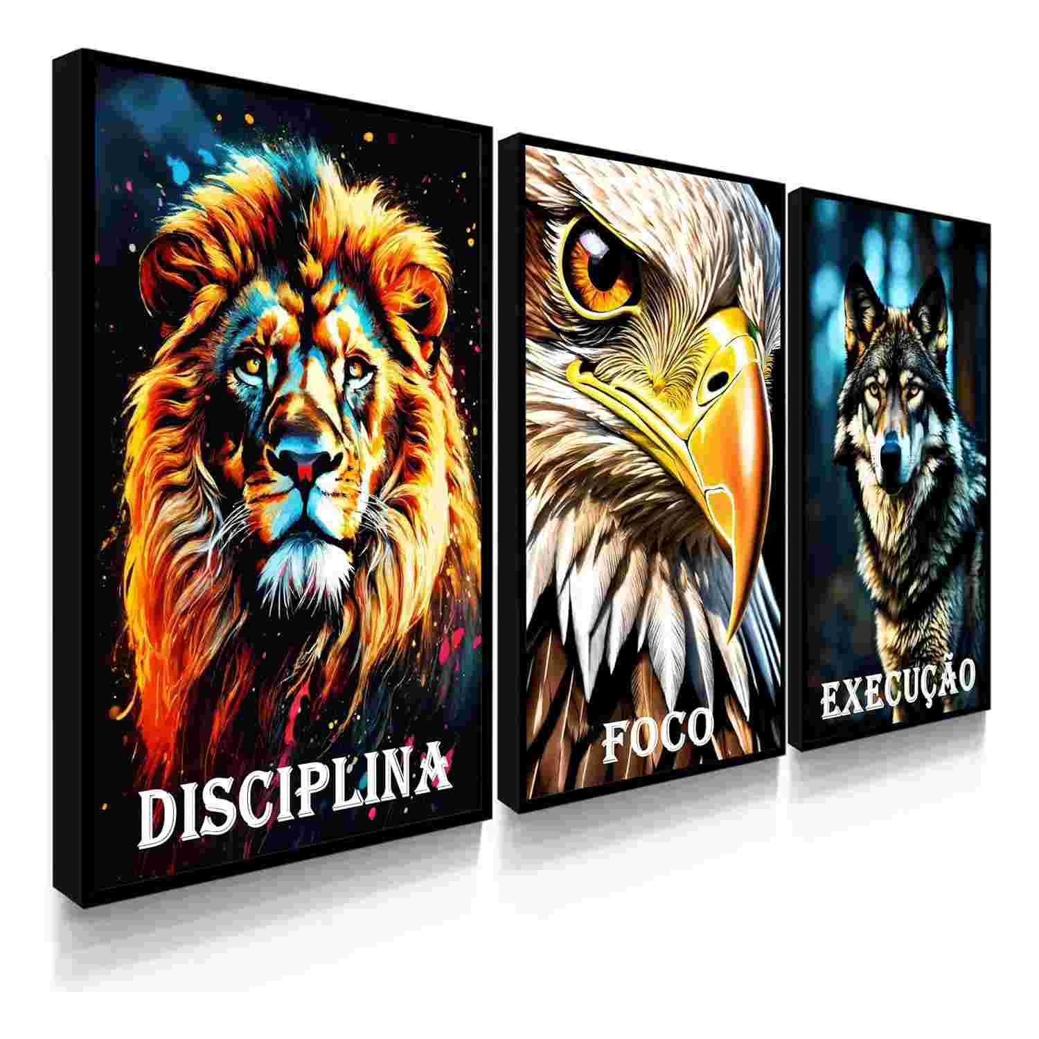 Quadros Decorativos Disciplina Execução Foco Leão - Kit 3 Peças para Escritório