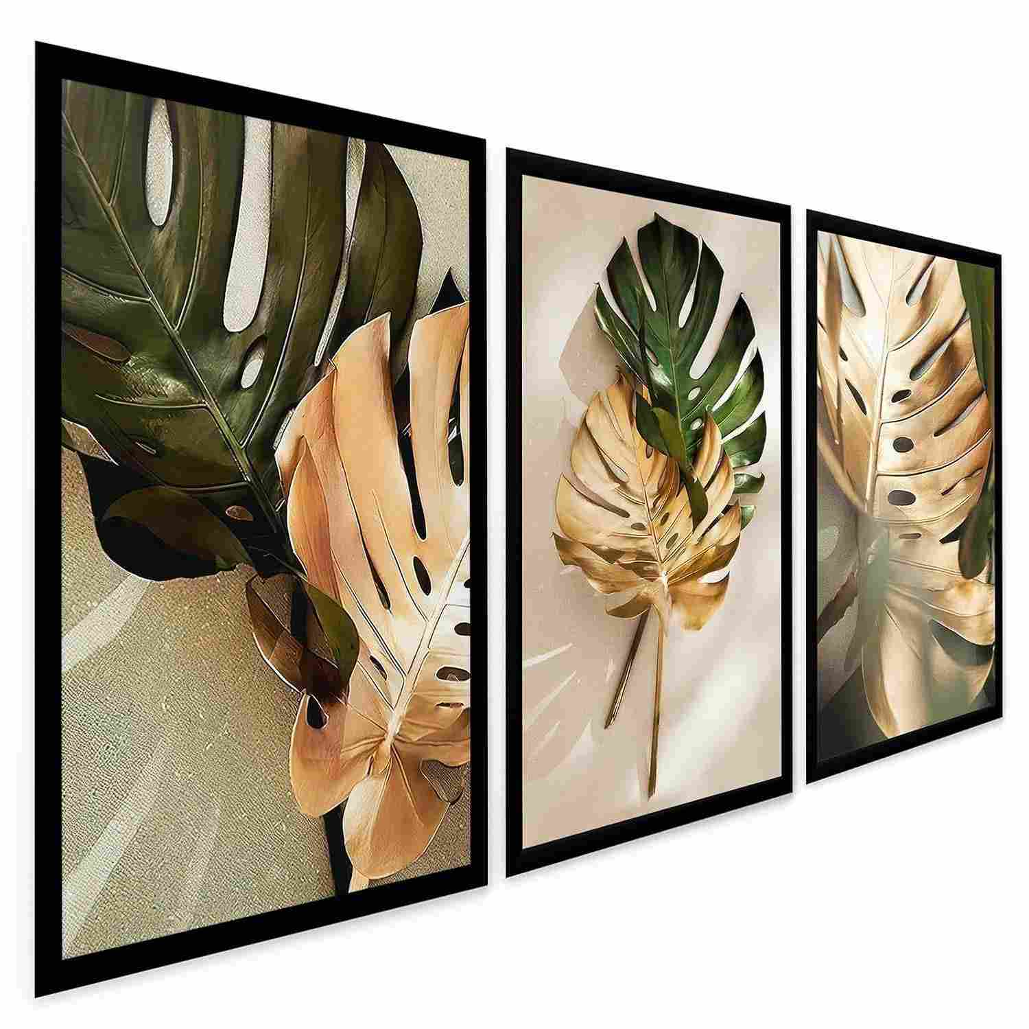 Quadros Decorativos Planta Verde e Dourada Costela de Adão - Kit com 3 Peças em Alta Definição