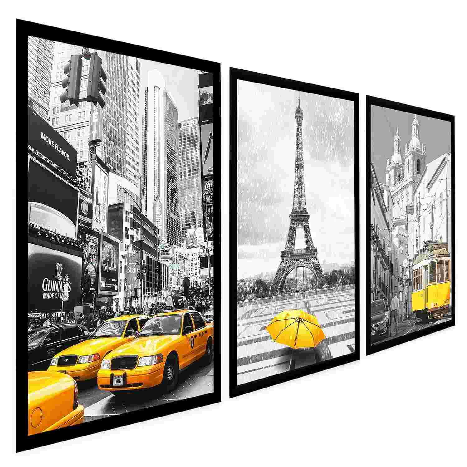 Quadros Decorativos Cidades do Mundo em Amarelo - Nova York, Paris e Lisboa | Kit com 3 Peças em Alta Definição