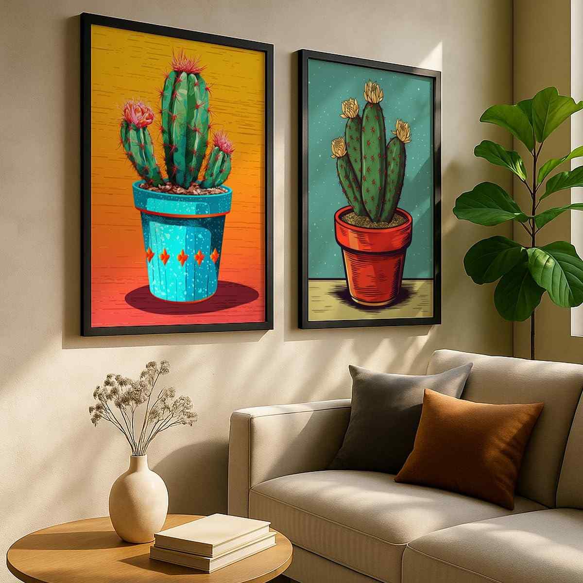 Kit 2 Quadros Decorativos Cactos Coloridos - Arte Botânica Moderna para Sala e Quarto