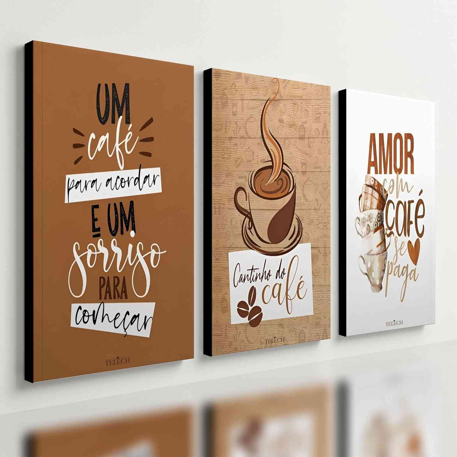 Kit 3 Quadros Decorativos Cantinho do Café - Cozinha e Copa com Estilo Marrom 28x20cm