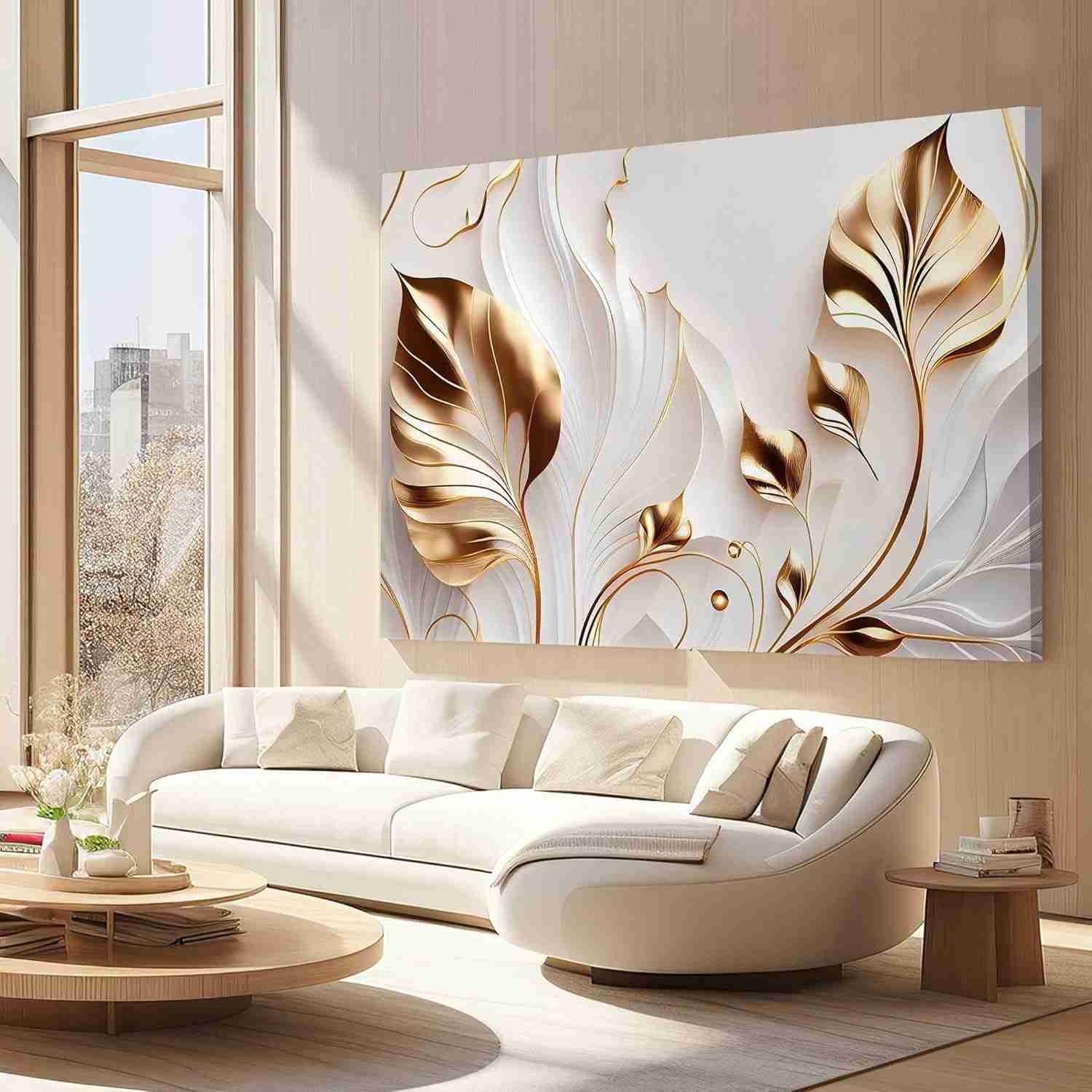 Quadros Decorativos 90x60cm - Arte Floral Dourado para Sala, Quarto e Escritório | Impressão Premium em Tecido
