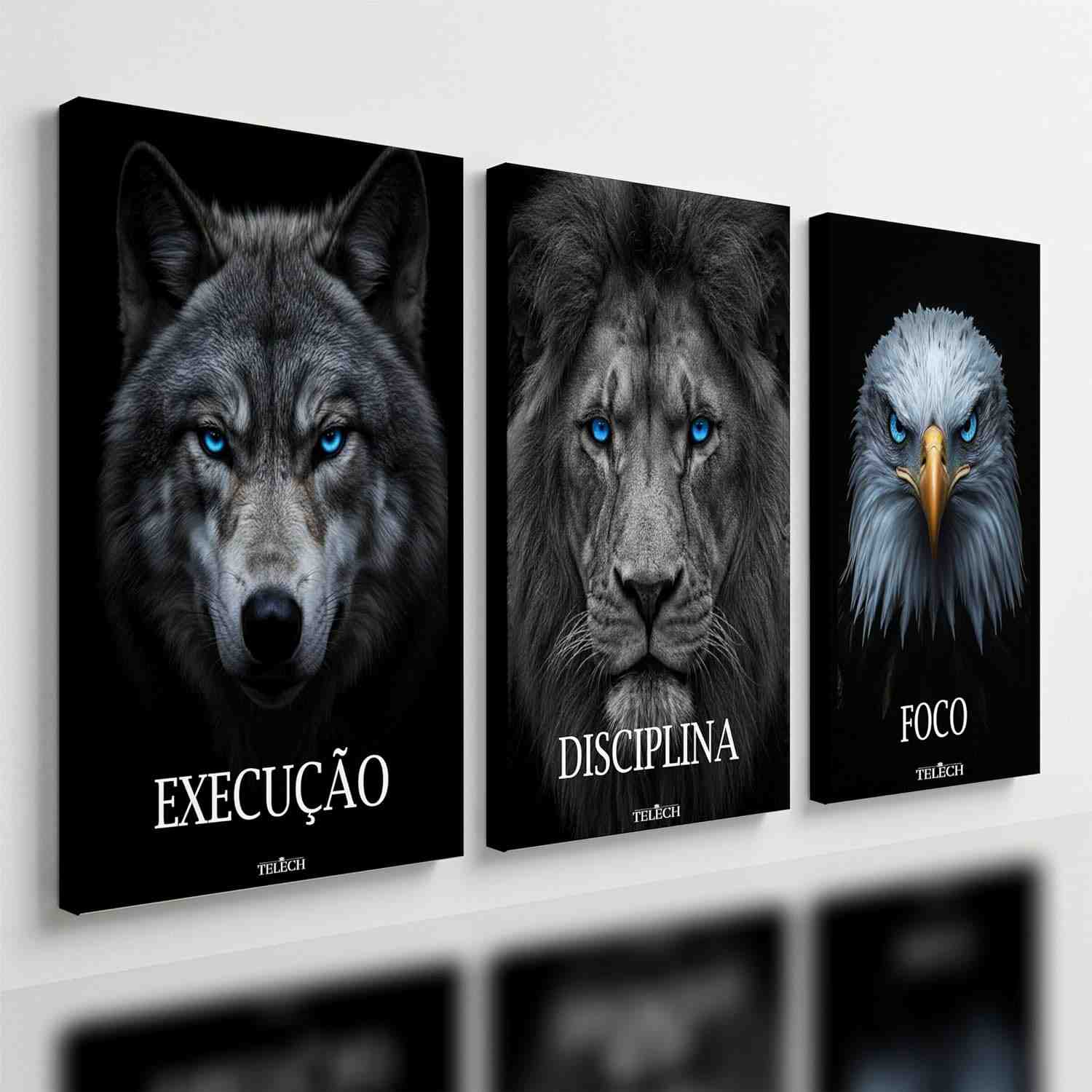 Kit 3 Quadros Decorativos Leão Motivação Disciplina Execução Foco Premium 40x28cm