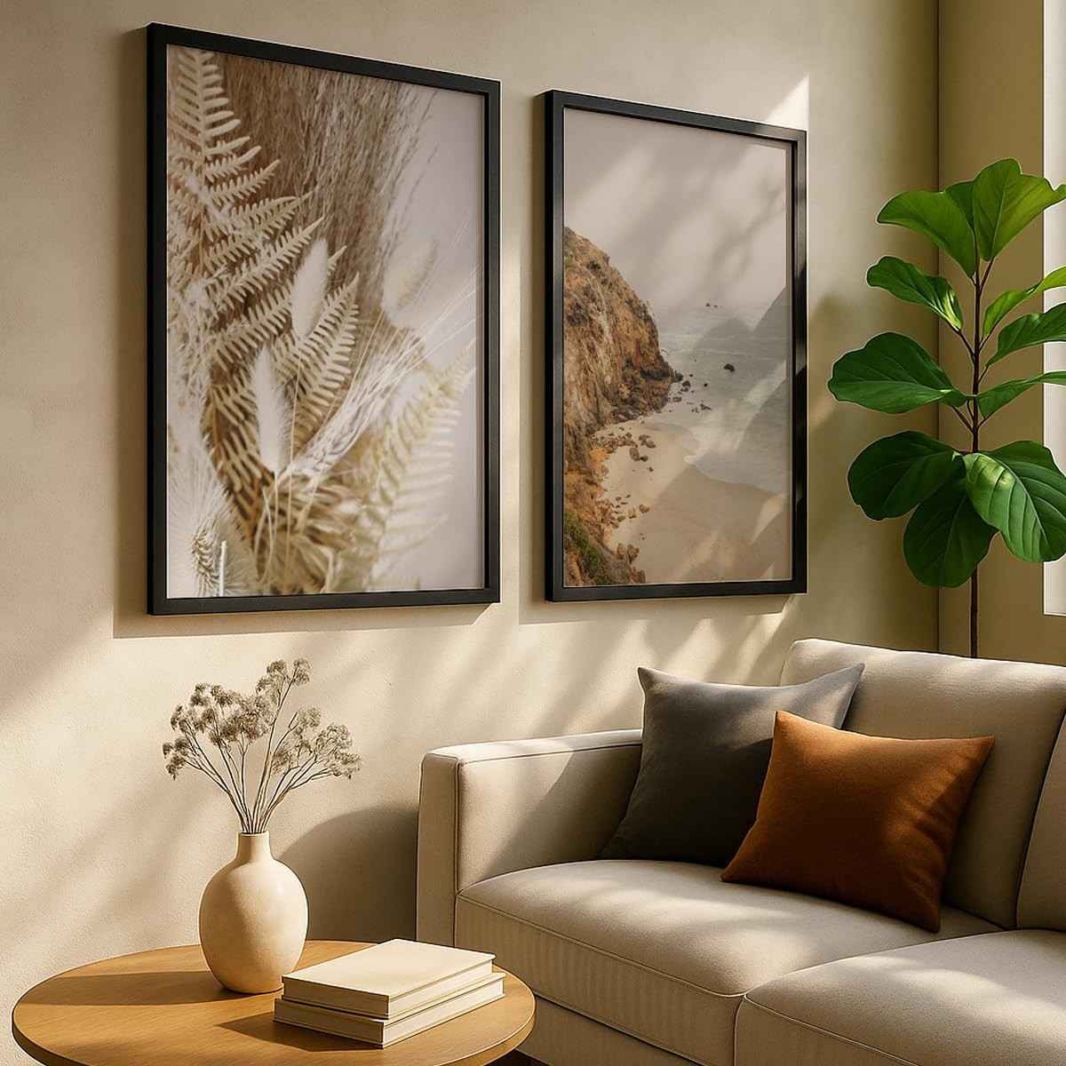 Kit 2 Quadros Decorativos Natureza Seco Bege - Estilo Praia Costeira com Moldura Minimalista