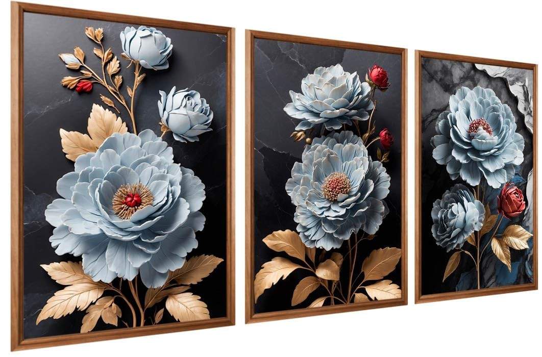 Kit 3 Quadros Decorativos Modernos com Flores de Peônia Branca - Design Elegante para Sala
