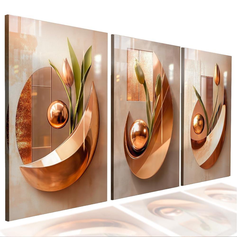 Kit 3 Quadros Decorativos Modernos com Formas Florais Abstratas - Design Luxo para Sala e Quarto
