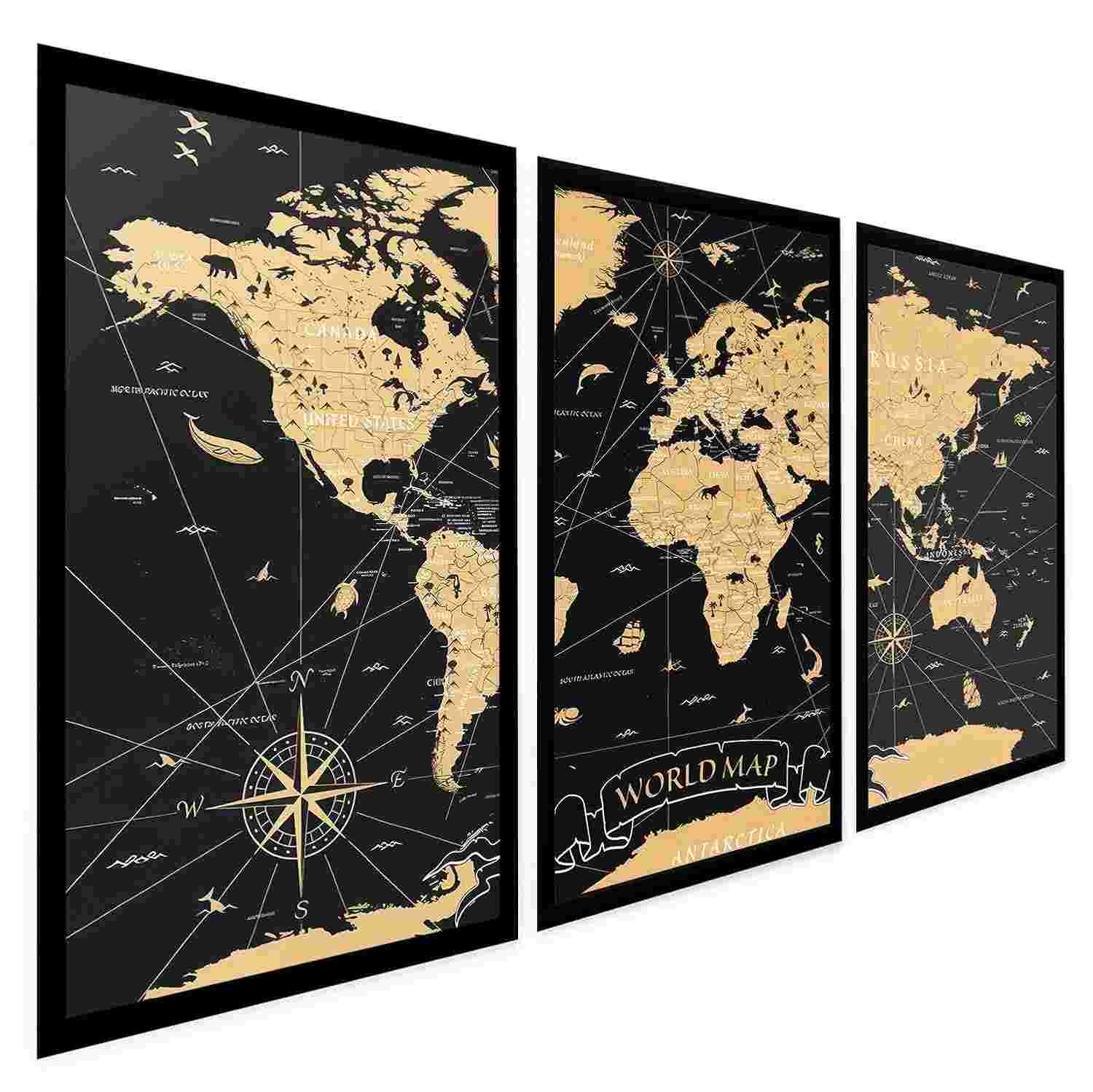 Quadros Decorativos Mapa Mundi Vintage - Kit 3 Peças com Moldura Retro