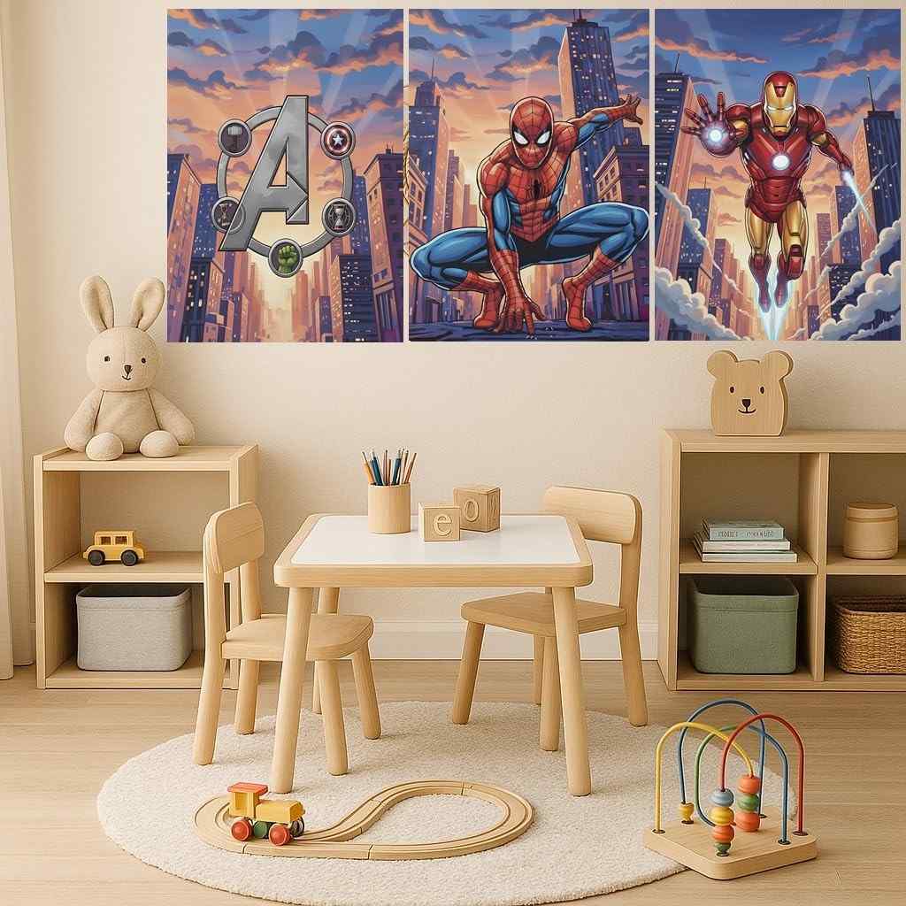 Kit 3 Quadros Decorativos Super-Herói Estilo HQ | Arte Geek Moderna para Sala, Quarto e Escritório