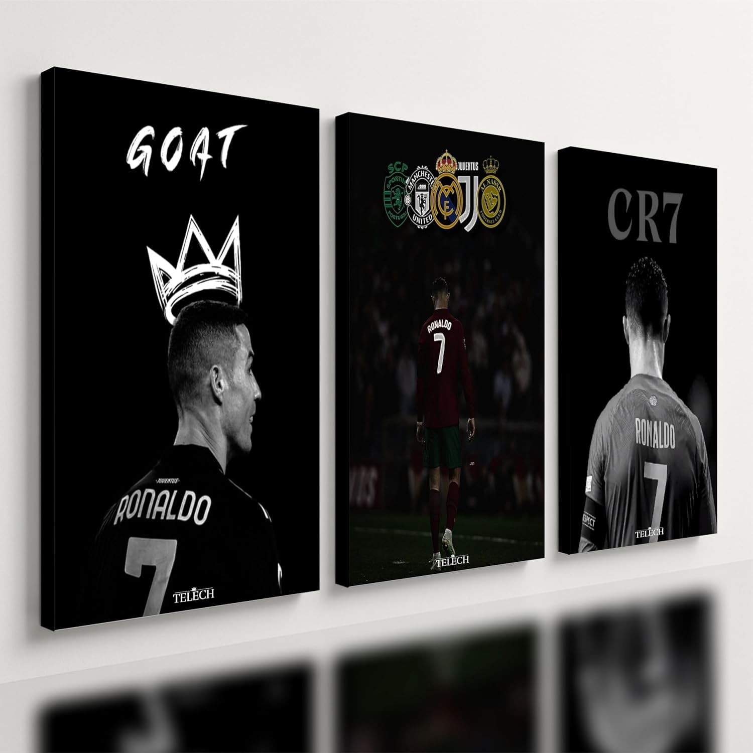 Kit 3 Quadros Cristiano Ronaldo e Messi - MDF 40x28cm - Decore Sua Paixão pelo Futebol