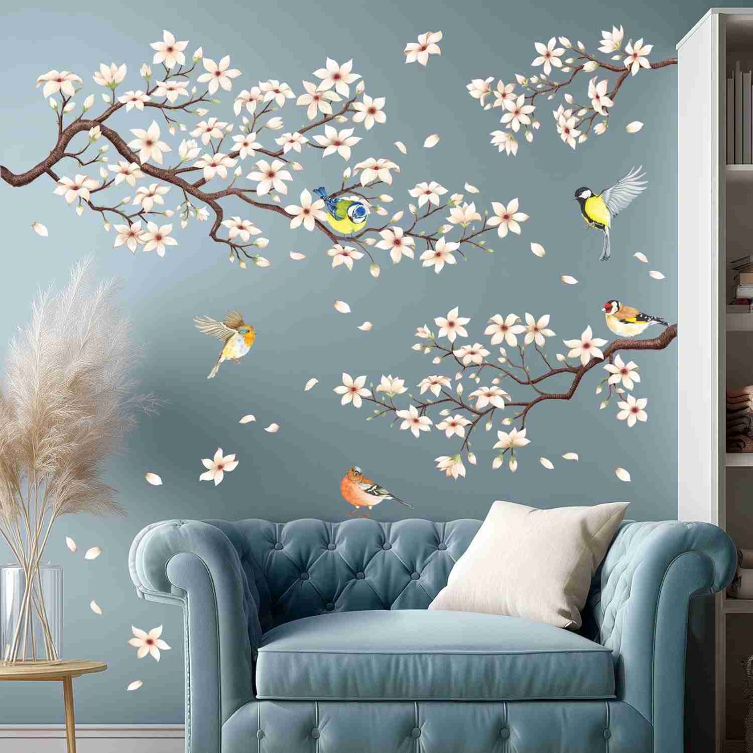 DECOWALL Ramo de Flor de Cerejeira Branco - Adesivo de Parede Removível para Decoração Floral com Pássaros