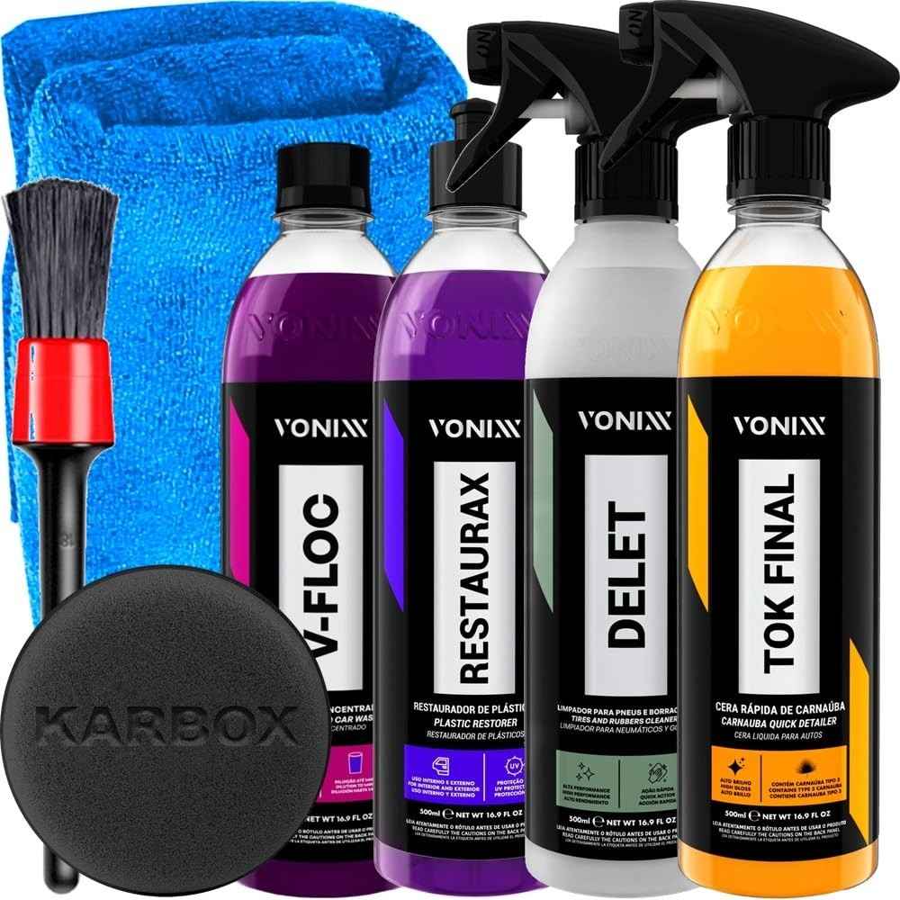 Kit Completo Vonixx: Restaurax, Tok Final, V-Floc e Delet + Acessórios Karbox para Detalhamento Profissional