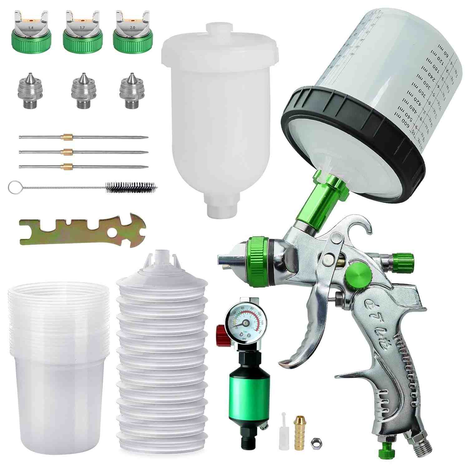 Pistola de Pulverização HVLP com 10 Copos Descartáveis 600ml + 3 Bicos 1,4/1,7/2,0mm - Kit Completo para Pintura Automotiva e DIY