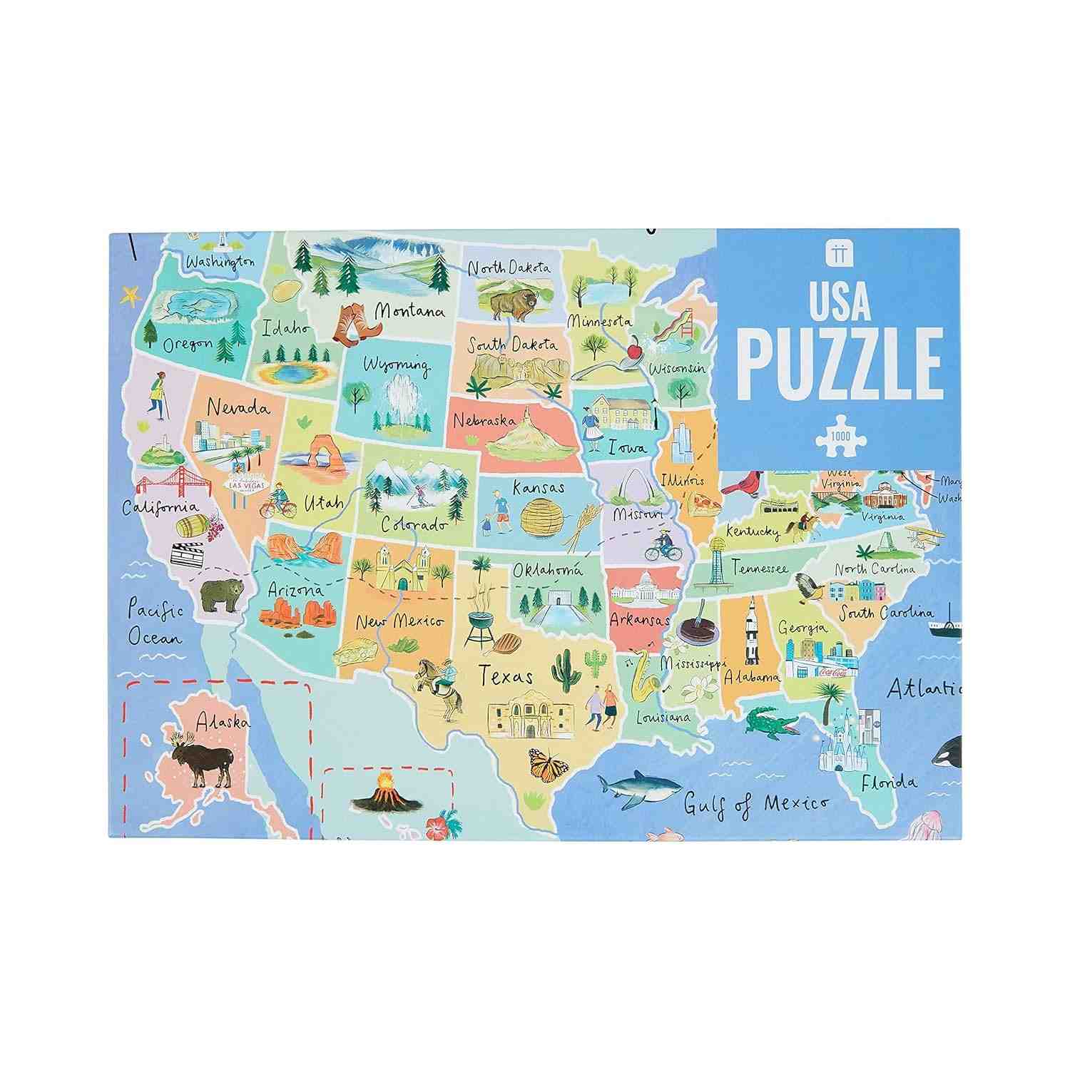 Quebra-Cabeça dos EUA 1000 Peças com Pôster Ilustrado - Descubra os 50 Estados Americanos e Atrações Turísticas