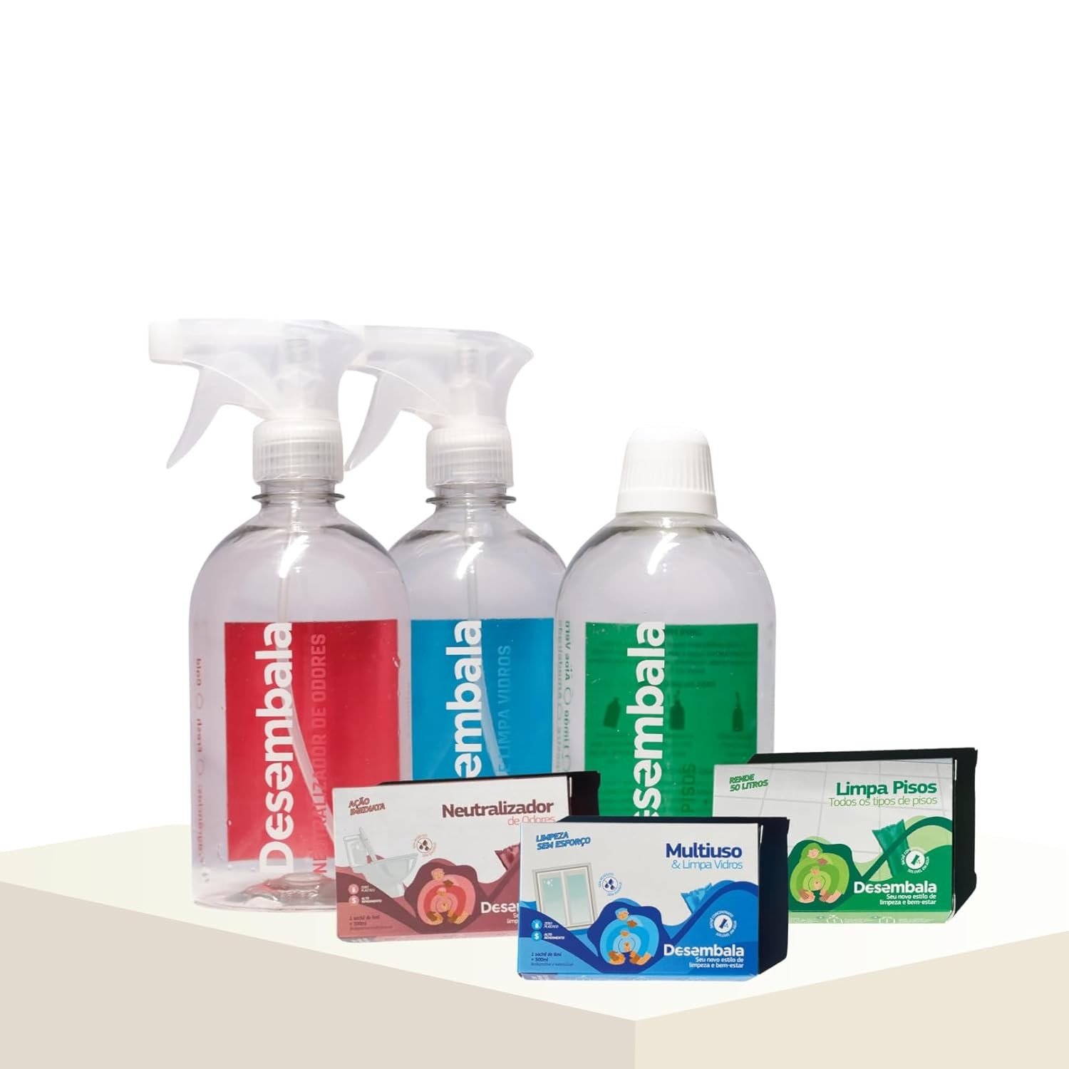 Kit Limpeza Desembala: 3 Refis Veganos e Cruelty Free para Pisos, Odores e Vidros - Rende +50L!