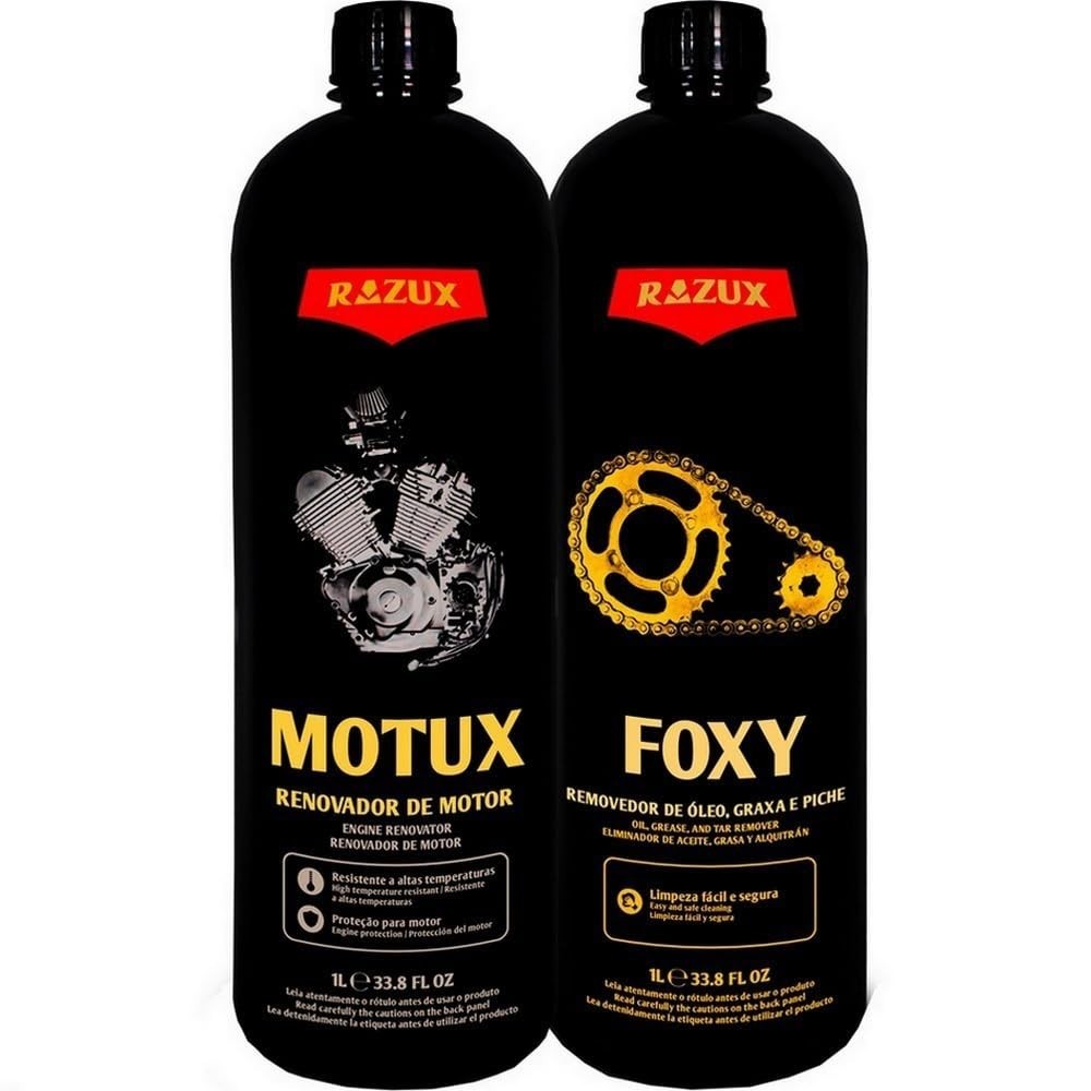 Kit Essencial para Moto: Desengraxante Foxy + Renovador de Motor Motux Razux 1L