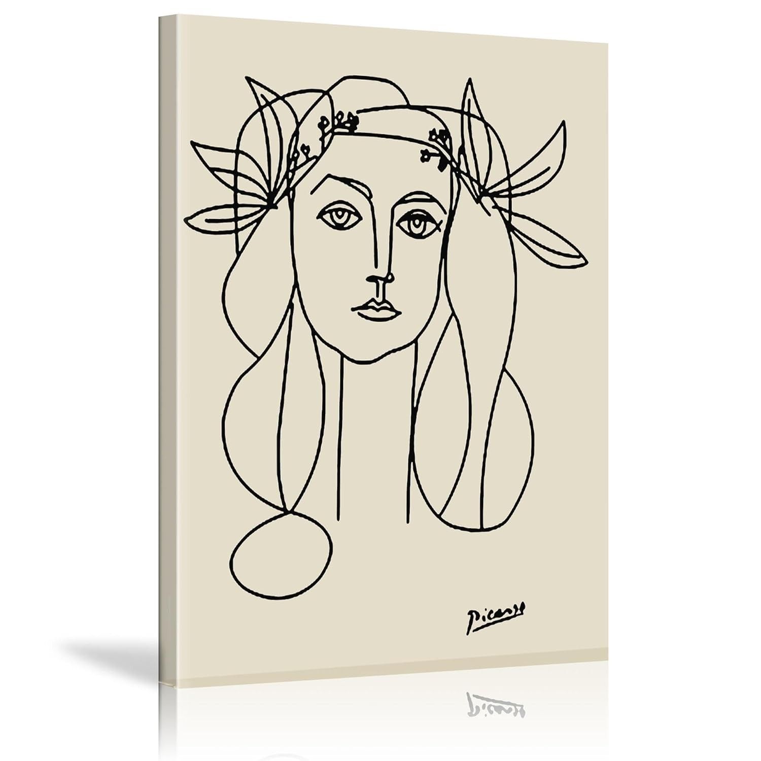 Arte de Parede Picasso - Desenho de Linha Abstrata Mulher em Tela Emoldurada | Decoração Minimalista para Sala de Estar