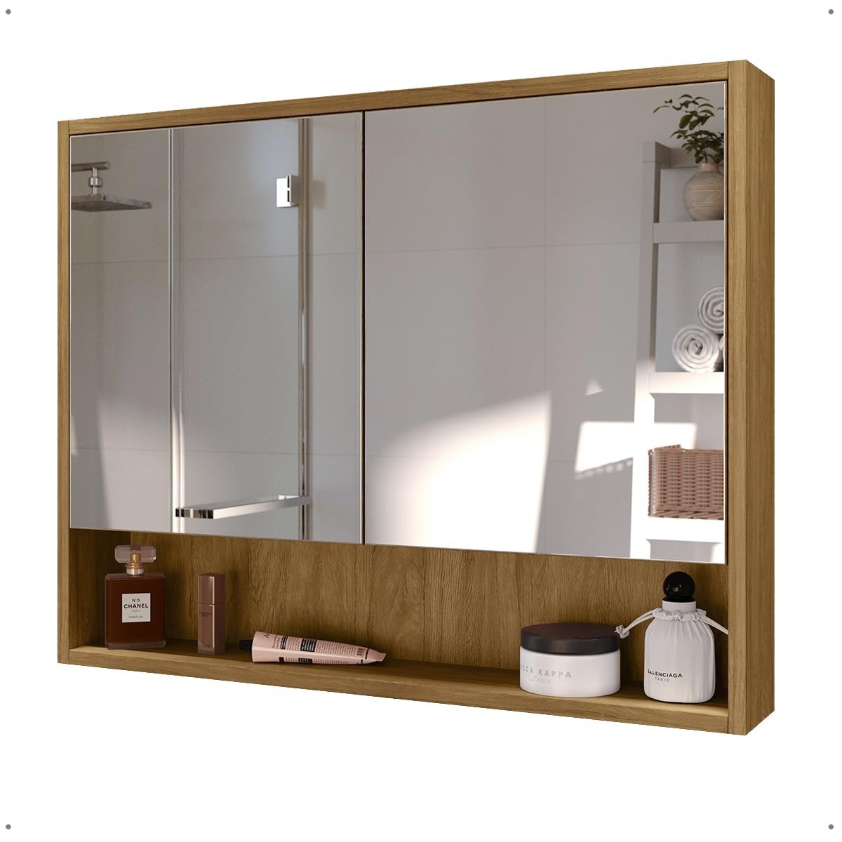 Armário de Banheiro Aéreo com Espelheira Eros – 2 Portas Madeirada | Design Moderno e Funcional