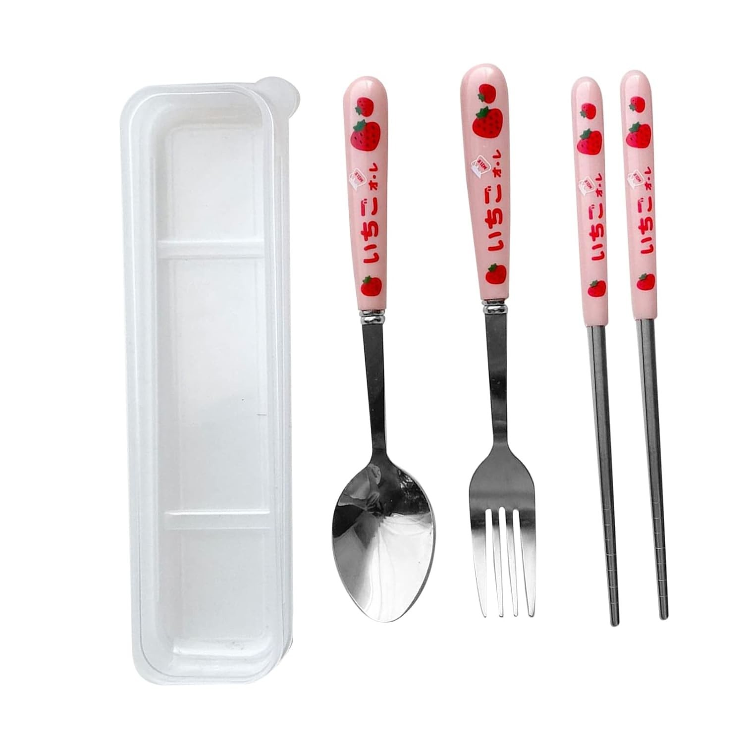 Conjunto de Talheres de Aço Inox com Design de Morango Rosa - 3 Peças para Piquenique e Uso Diário
