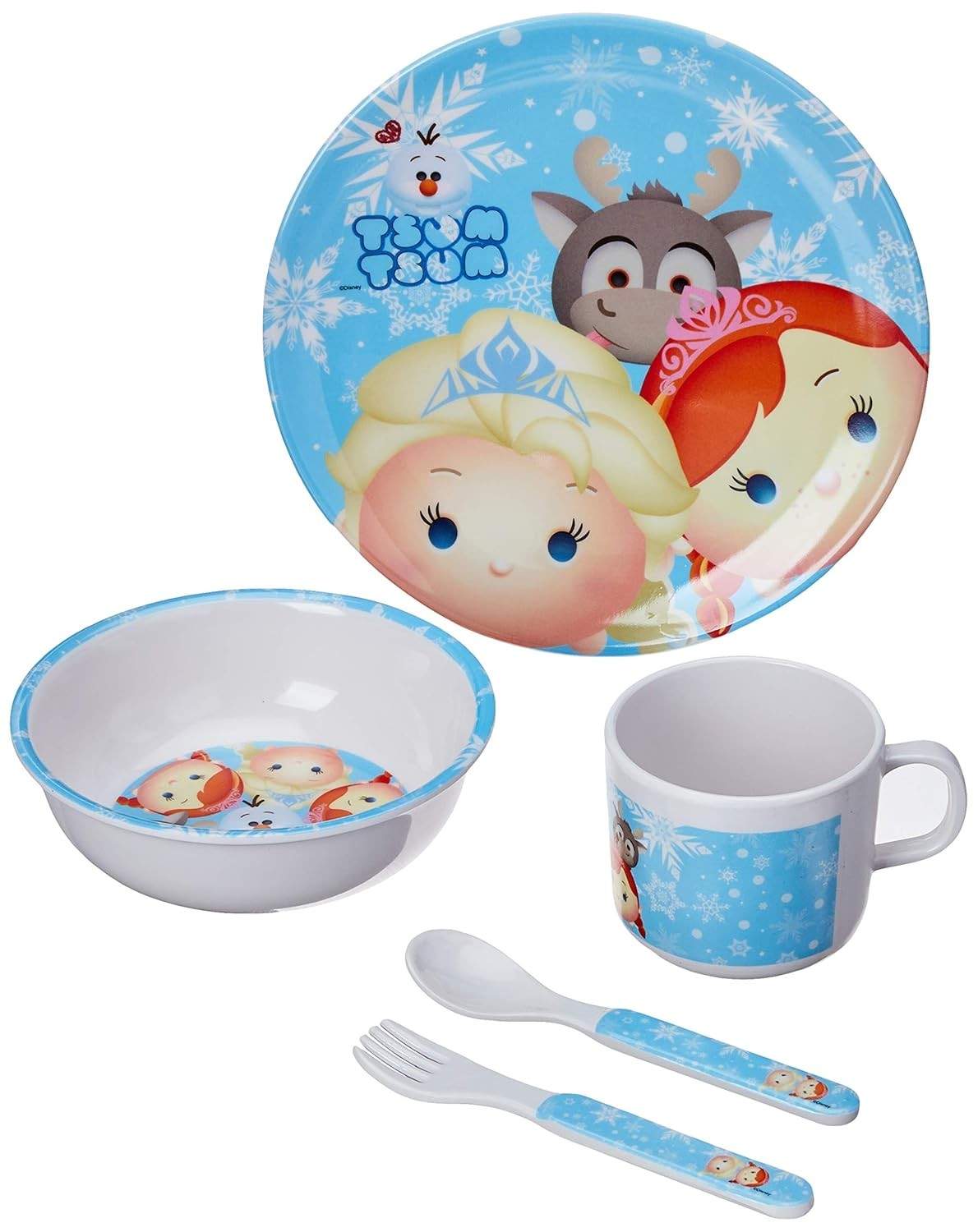 Jogo de Talheres Frozen Disney Azul - Kit Refeição Infantil em Melamina com Design Tsum Tsum