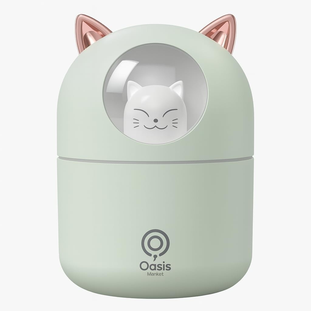 Umidificador de Ar Gatinho com LED - 300ml, Design Fofo, Silencioso, USB, Difusor de Aromas