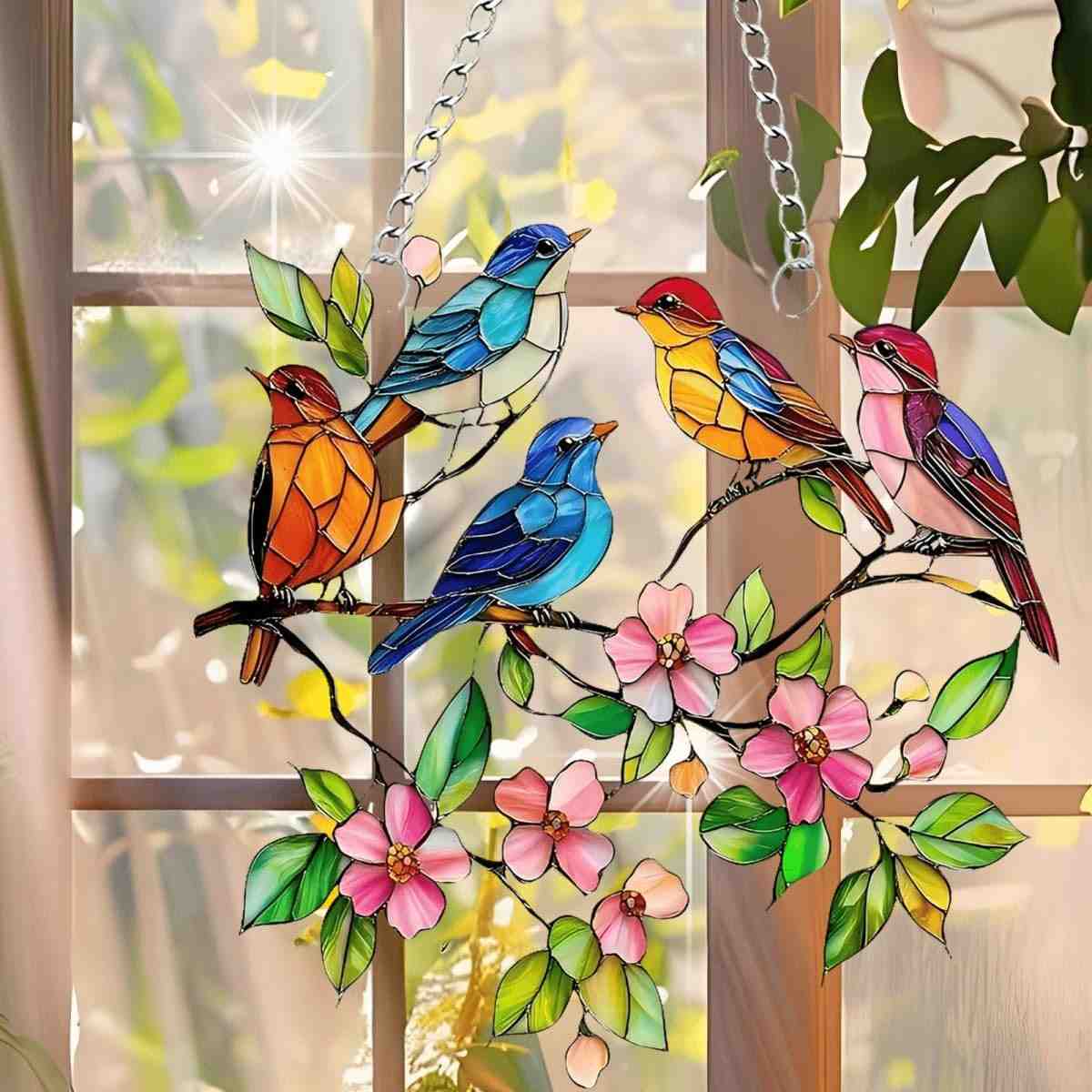 Decoração de Parede em Acrílico com Design de Pássaros e Flores - 18cm, Ideal para Janelas e Jardins