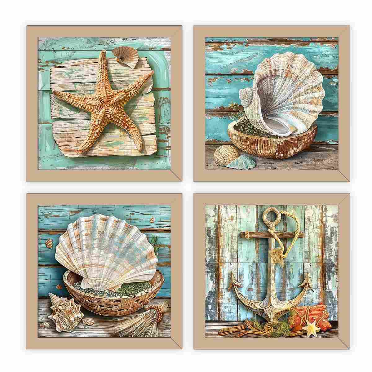 Kit 4 Quadros Decorativos Tema Marítimo com Vidro - Design Carvalho para Banheiro e Ambientes