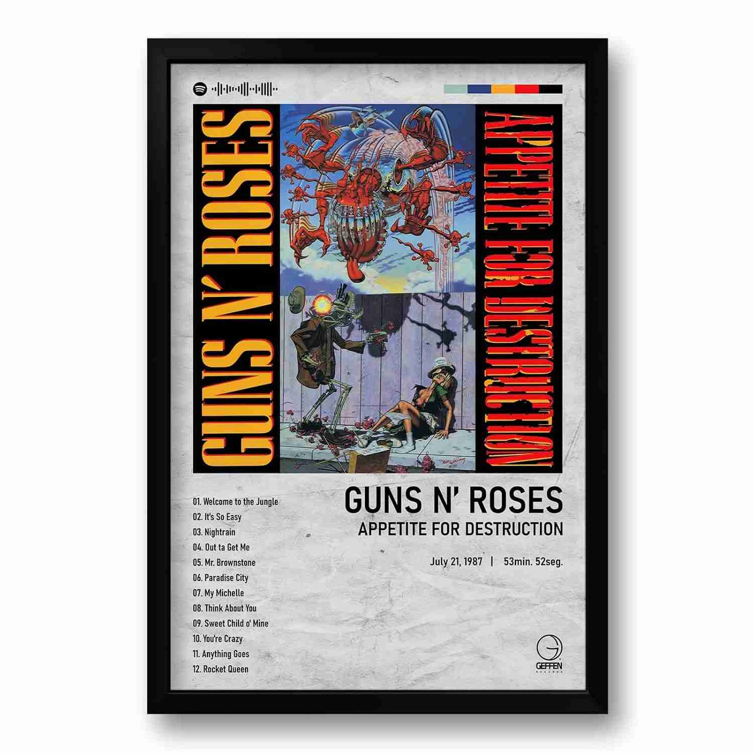 Quadro Álbum Spotify Appetite for Destruction - Guns N' Roses | 40x60cm | Moldura Preta Ecológica