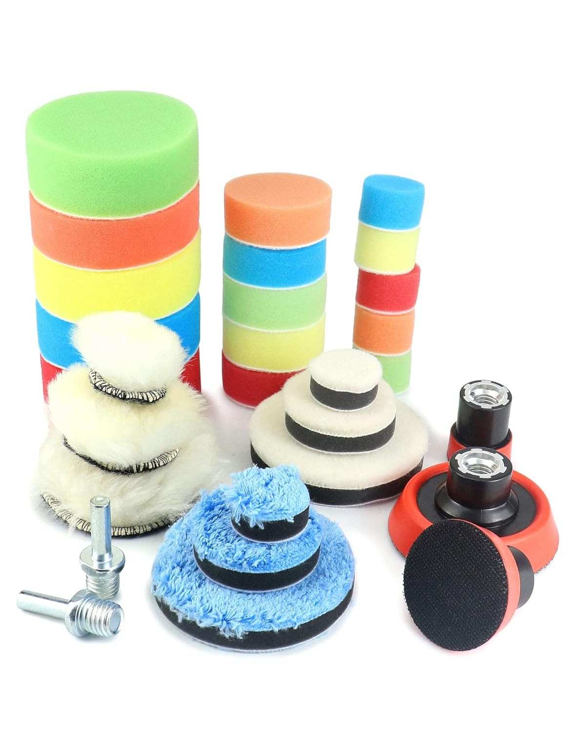 QWORK Drill Buffing Pad Detail Polishing Pad, 29 Pcs Mix Size Kit Sponge and Wool Pads, 5/8-11" Threaded Backing Pad, Color-Coded, for Polishing, Waxing, Sealing Glaze, Car Sanding
