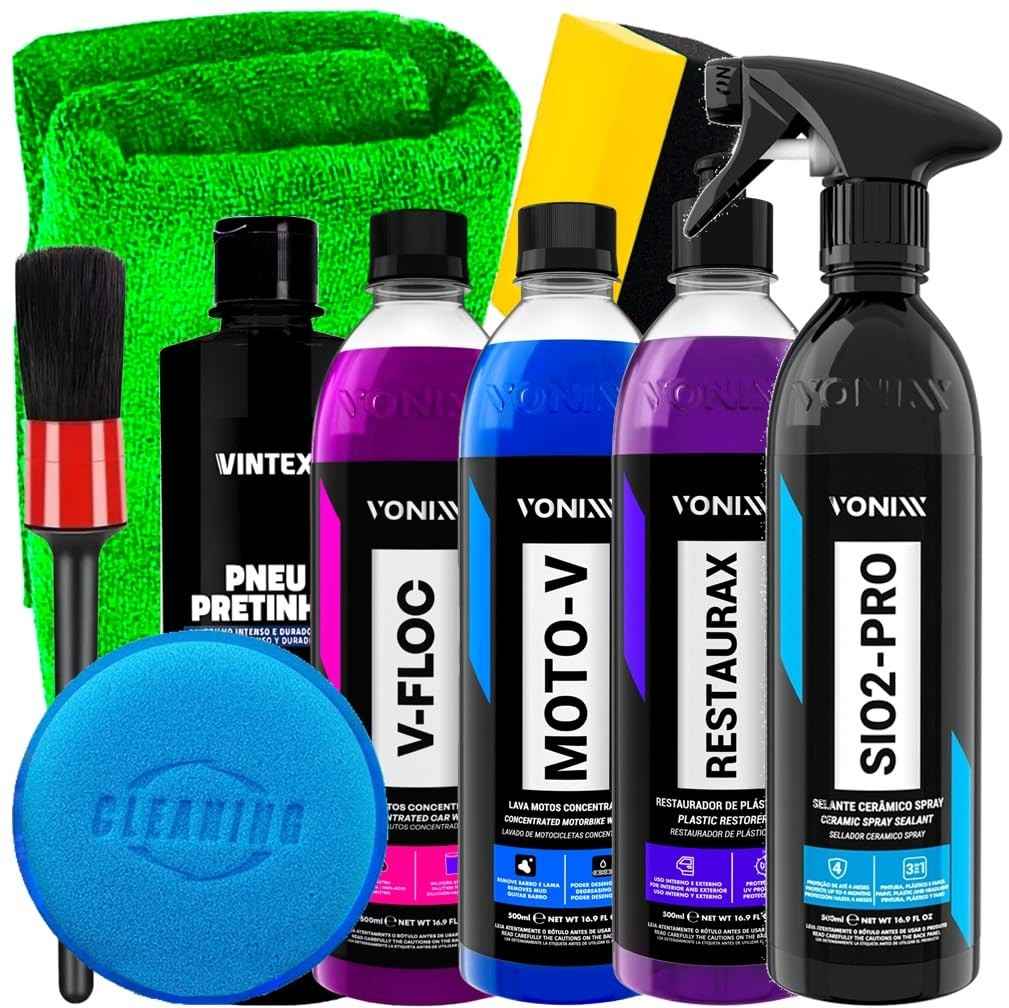 Kit Completo Vonixx Sio2-Pro: Shampoo Moto-V, V-Floc e Acessórios Karbox para Detalhamento Automotivo