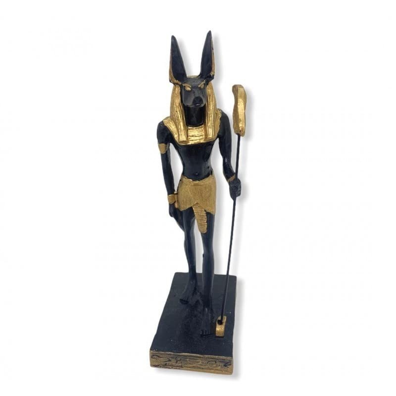 Estátua de Anúbis Preto e Dourado em Resina - 16 cm | Decoração Egípcia com Detalhes Artesanais