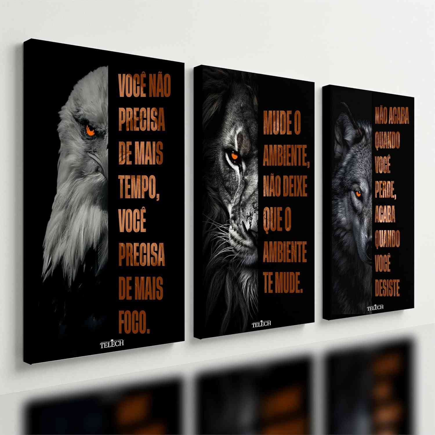 Kit 3 Quadros Decorativos Motivacionais Leão, Águia e Lobo - Inspire-se com Foco e Determinação (40x28cm)