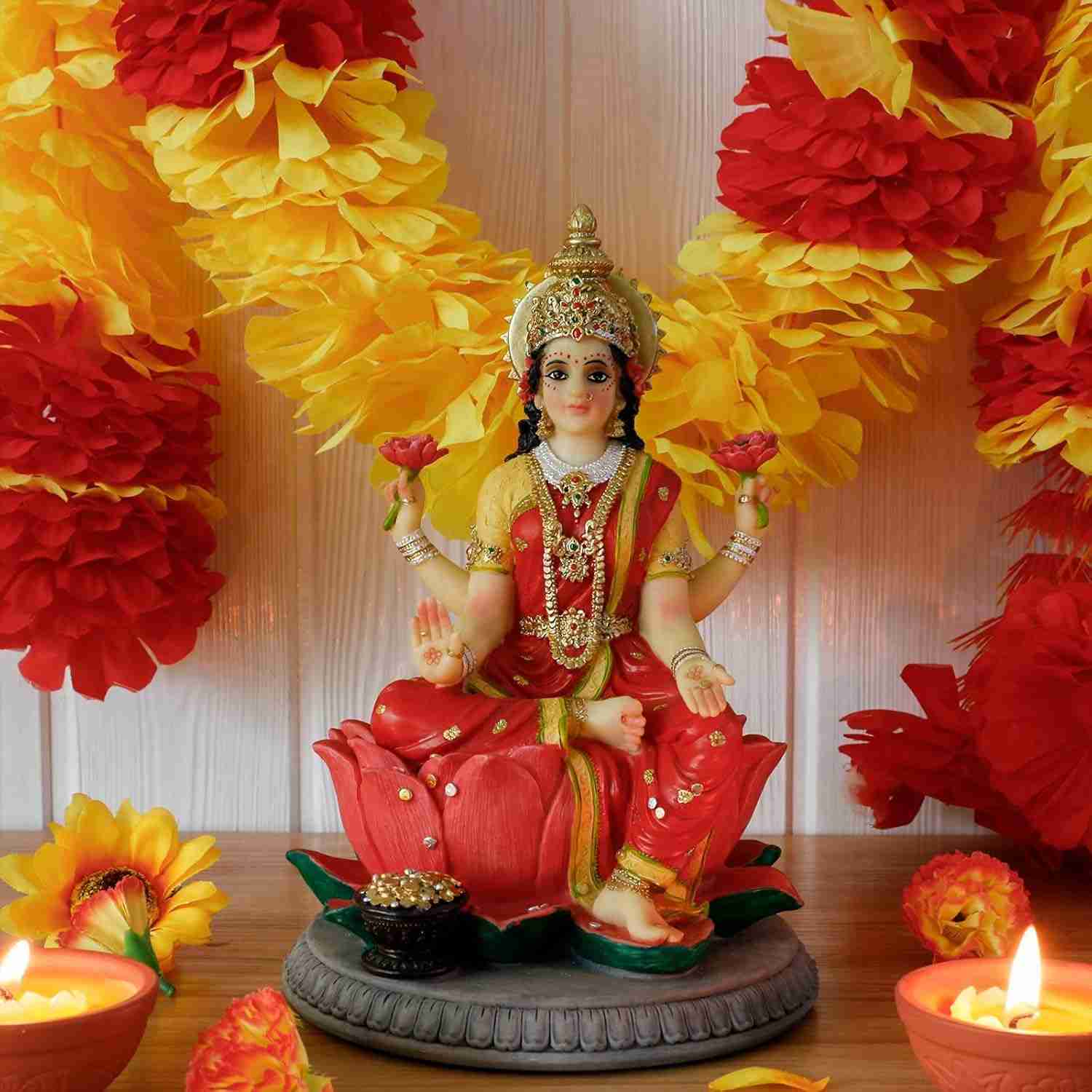 Estátua da Deusa Laxmi - 22cm | Escultura Hindu para Decoração, Mandir e Presente Diwali